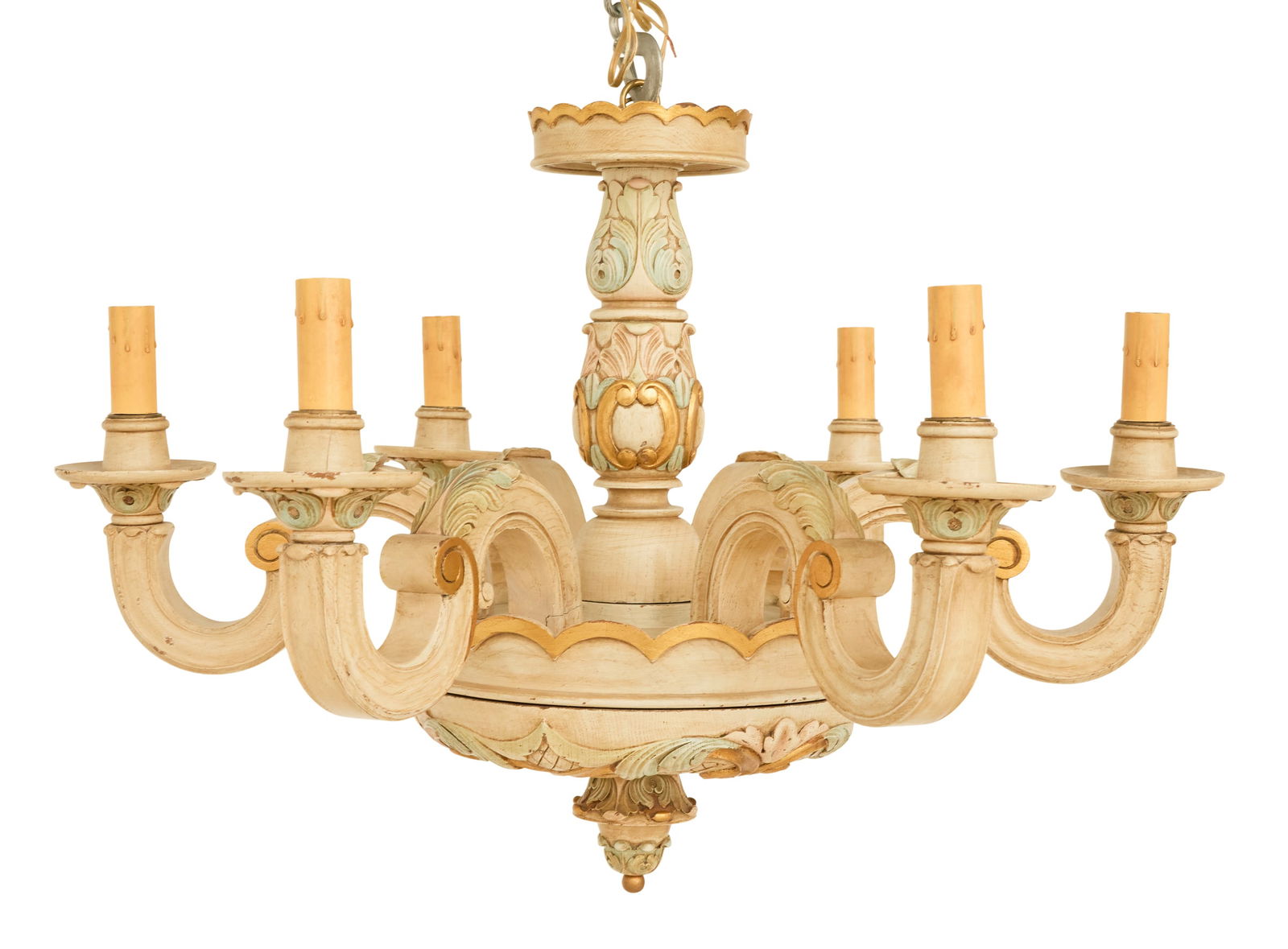 Italian Provincial-Style Painted Wood Chandelier: Italian Provincial-Style Painted Wood Chandelierthe wooden buff-colored chandelier with blue and gilt accents, the standard with scroll and rocaille carving, the body carved to match, with six boldly