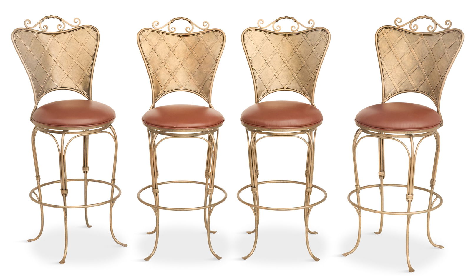 Four Contemporary Iron Swivel Bar Stools: Four Contemporary Iron Swivel Bar Stoolseach having a back with a latticework panel, the circular seats covered in brown faux leather.h. 48", dia. 19"