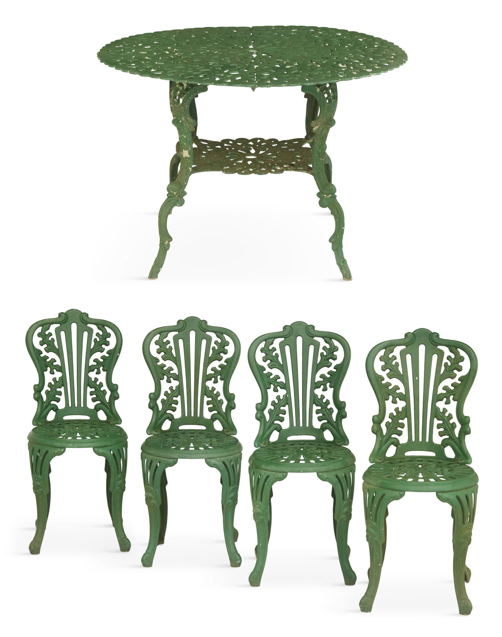 Painted Cast-Aluminum Garden Table and Chairs: Painted Cast-Aluminum Garden Table and Chairsin the rococo taste, the circular table with a pierced top and cabriole legs, h. 25-1/4", dia. 38-1/2", and the four chairs with pierced backs decorated wi