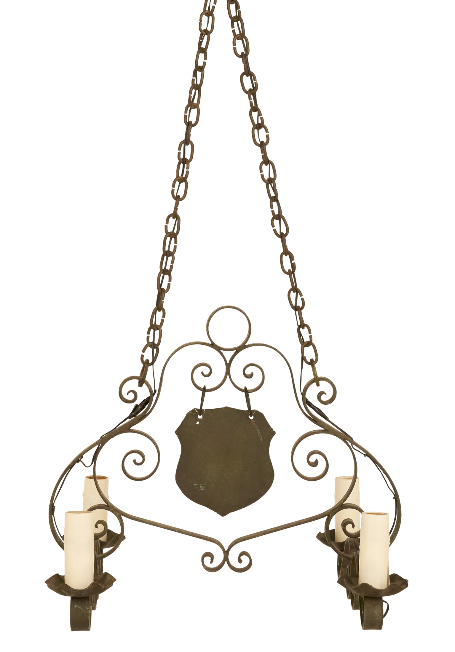 Black Metal Chandelier: Black Metal Chandelier in the French Provincial Tasteearly 20th century, the trestle-form chandelier with a scrolled central frame hung with a shield and set with four scrolled candle branches with fl