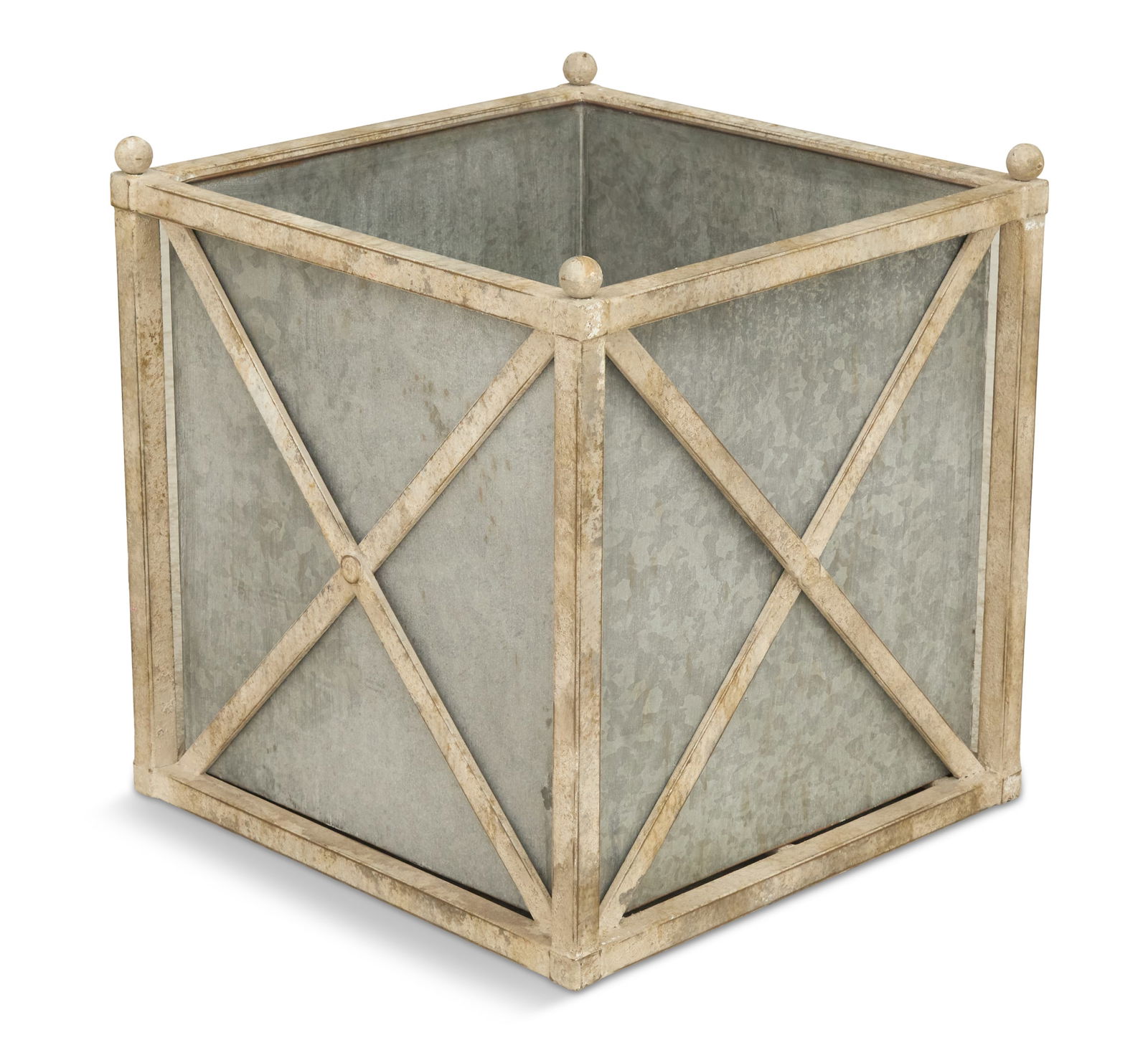 Large Metal Tree Tub: Large Metal Tree Tubof Directoire inspiration, the painted metal frame with ball finials on the corners, the X-form sides with center medallions, with a removable liner.h. 24", w. 25", d. 25"