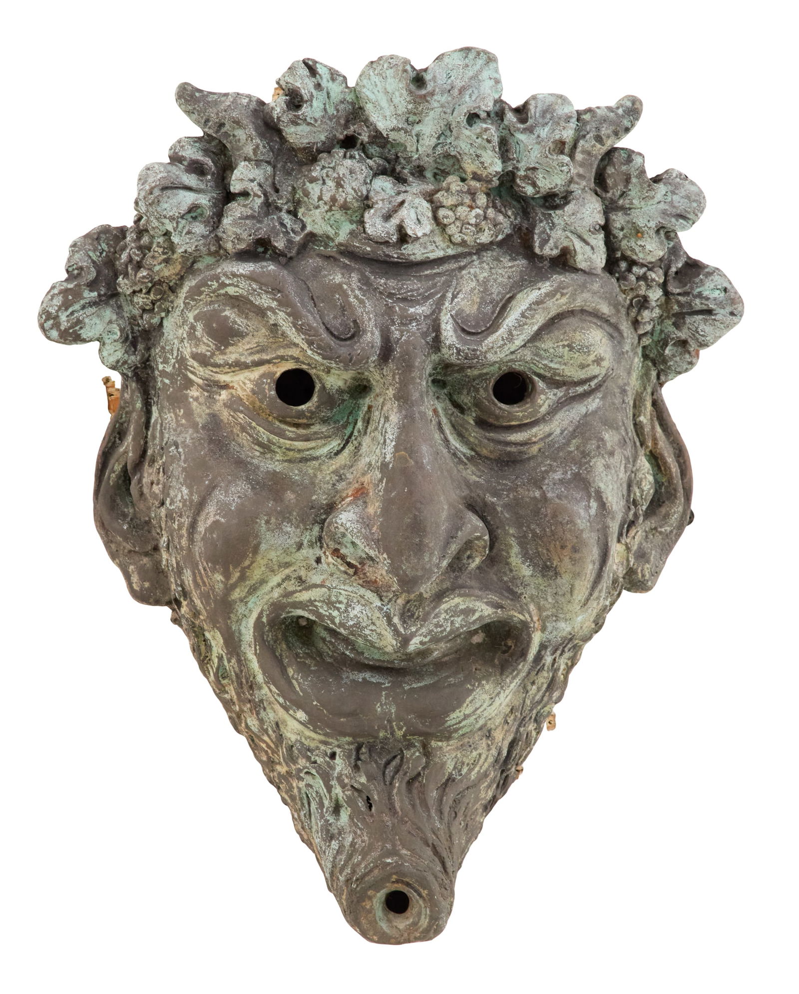 Bronze Masque-Form Wall Fountain: Bronze Masque-Form Wall Fountainin the form of a Bacchanalian satyr with grapes on his head.h. 14", w. 11", d. 4-1/4"