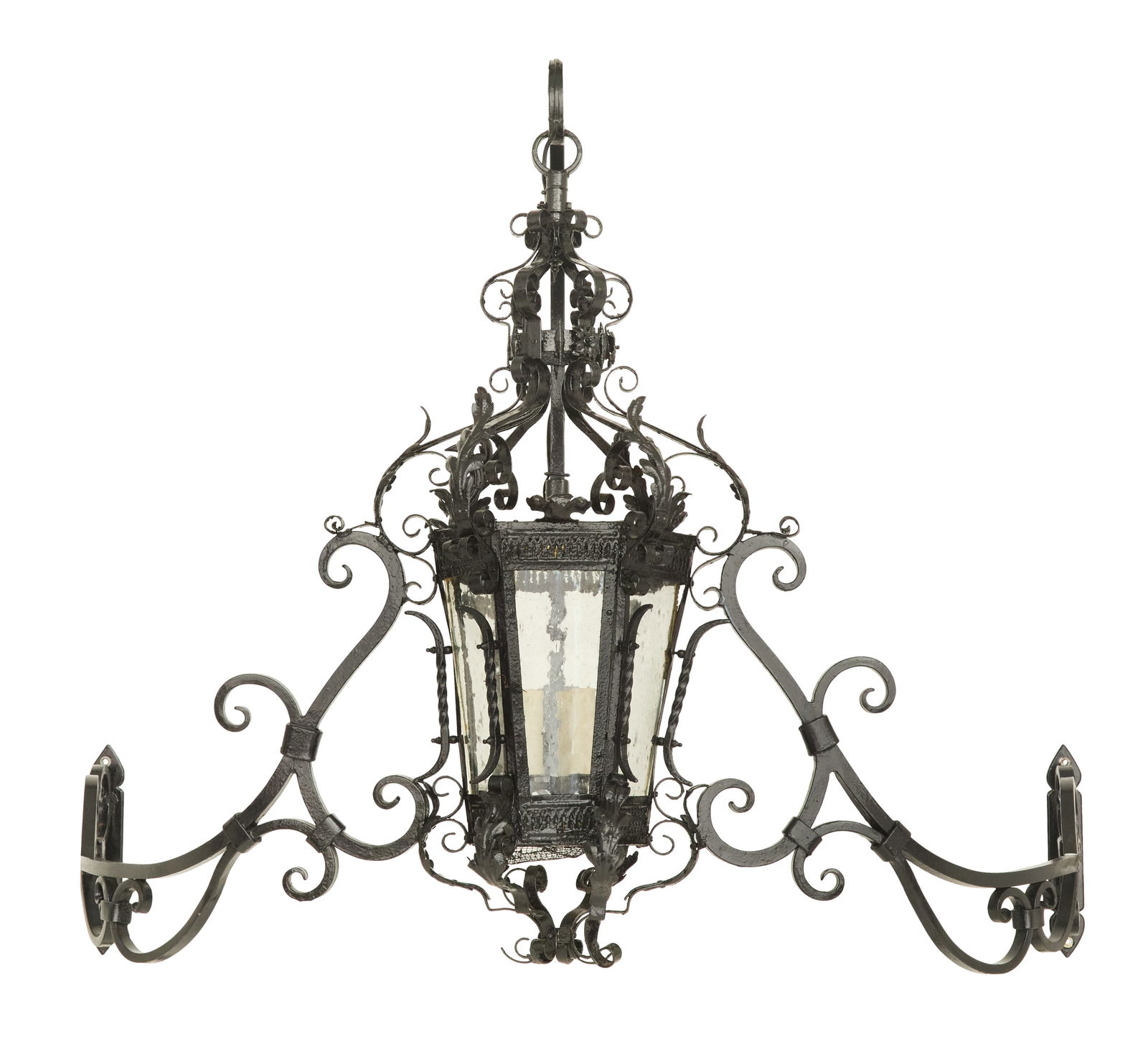 Unusual Painted Metal Overdoor Light: Unusual Painted Metal Overdoor Lightthe lunette-form scrolled frame with a center scrolled hook supporting the tapered lantern-form light, ornamented with applied leaves.h. 45", w. 56-1/2", d. 26"