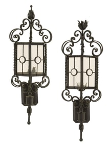Pair of Iron and Glass Exterior Wall Lanterns