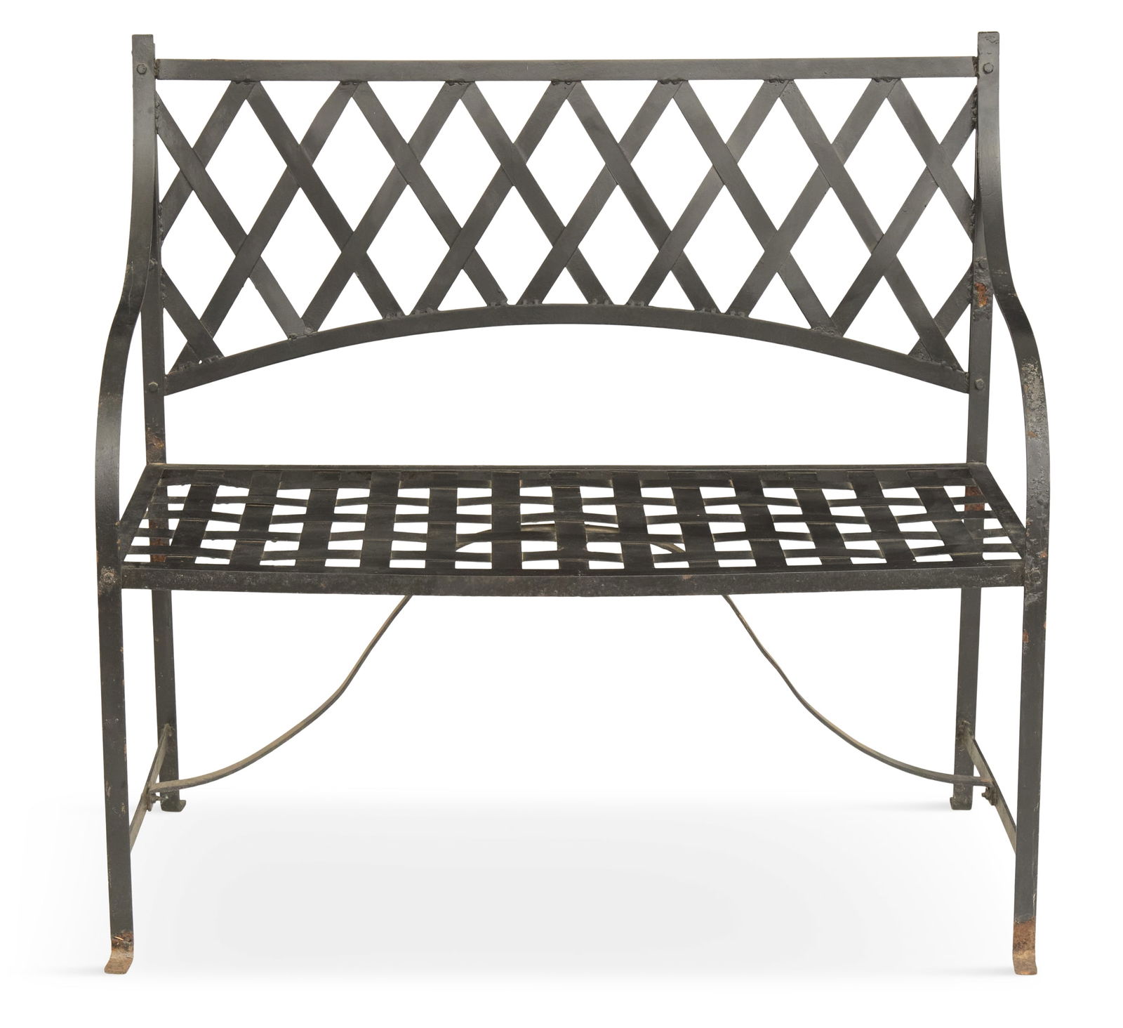 Black Metal Strapwork Garden Bench: Black Metal Strapwork Garden Benchcontemporary, with a lattice-woven back and seat, and curved arms.h. 38", w. 40-1/2", d. 18" Provenance: Collection of Sally "Pi" Percy Lewis and the late Howard Paul