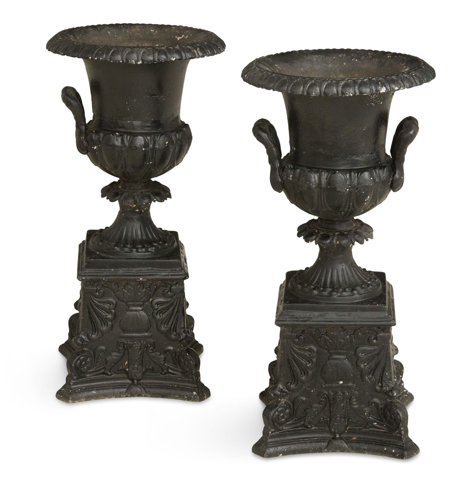 Neoclassical-Style Aluminum Garden Urns: Neoclassical-Style Aluminum Garden Urns on Standsthe Medici-form urns with molded bodies, mounted on stands decorated with anthemia and sheaves of wheat.h. 31", dia. 16"