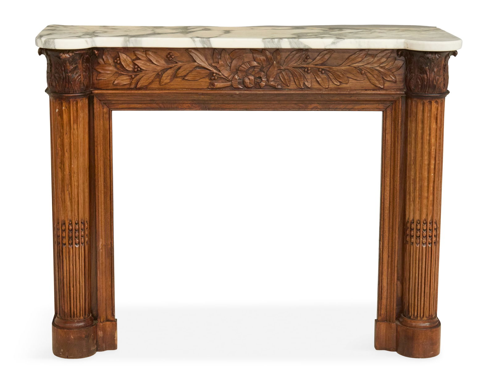 Oak and Marble-Top Box Mantel: Oak and Marble-Top Box Mantelearly 20th century, the gray-veined white marble top over a mantel carved with a center tablet of ribbon-bound laurel leaves, flanked with fluted columns with acanthus-car