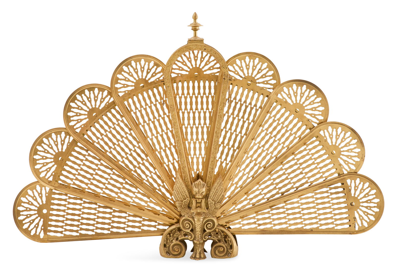 French Brass Fan-Form Fireplace Fender: French Brass Fan-Form Fireplace Fendermid-20th century, the pierced folding fender supported on a winged lion figure with scrolled feet, a turned finial at the top.h. 26-1/4", w. 38-1/2", d. 2-3/4" Pr