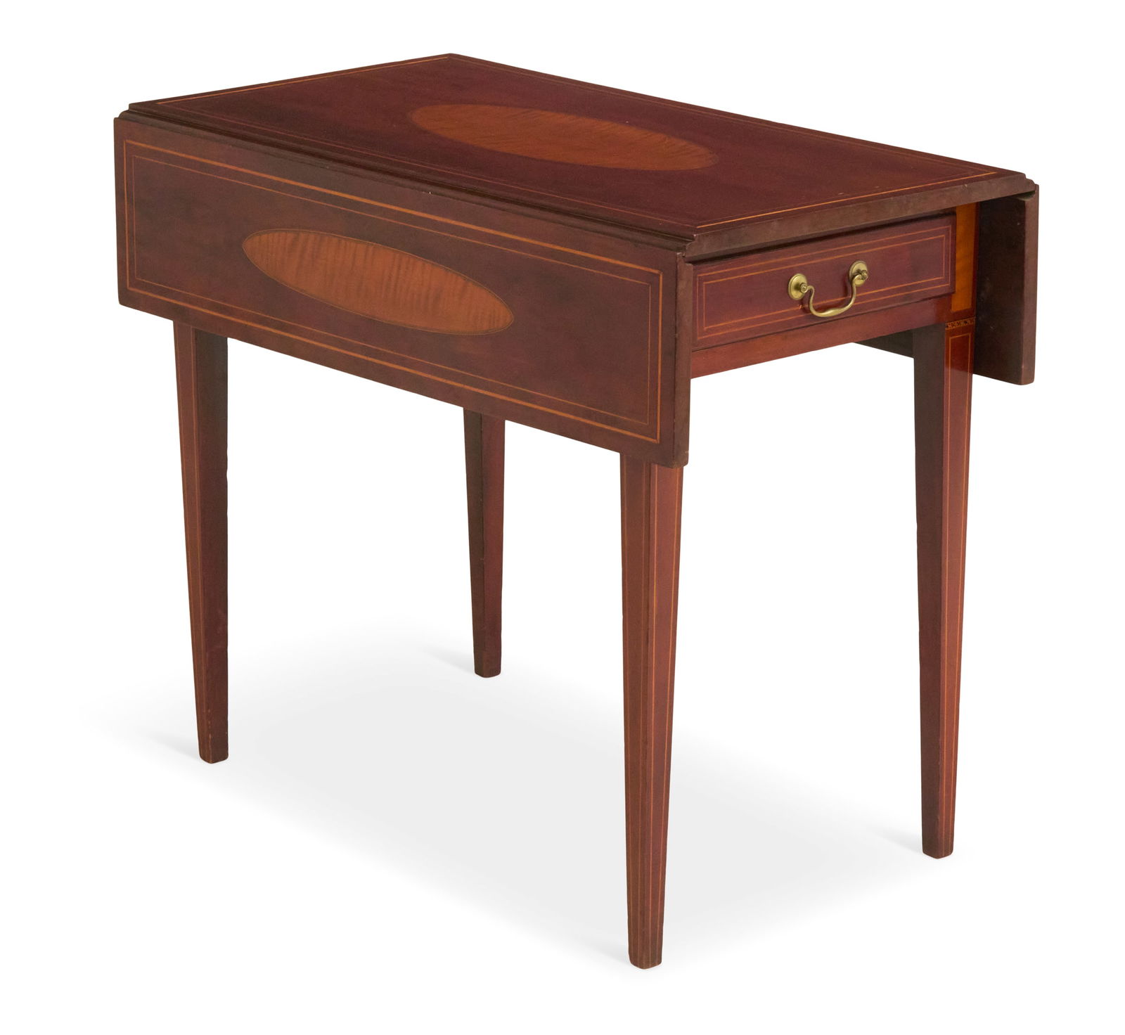 Rare Inlaid Cherry Pembroke Table: Rare Inlaid Cherry Pembroke Tableca. 1820-1820, possibly Western Maryland or Virginia, the top with three oval tiger maple panels outlined with triangular line inlay, the front set with a drawer outli