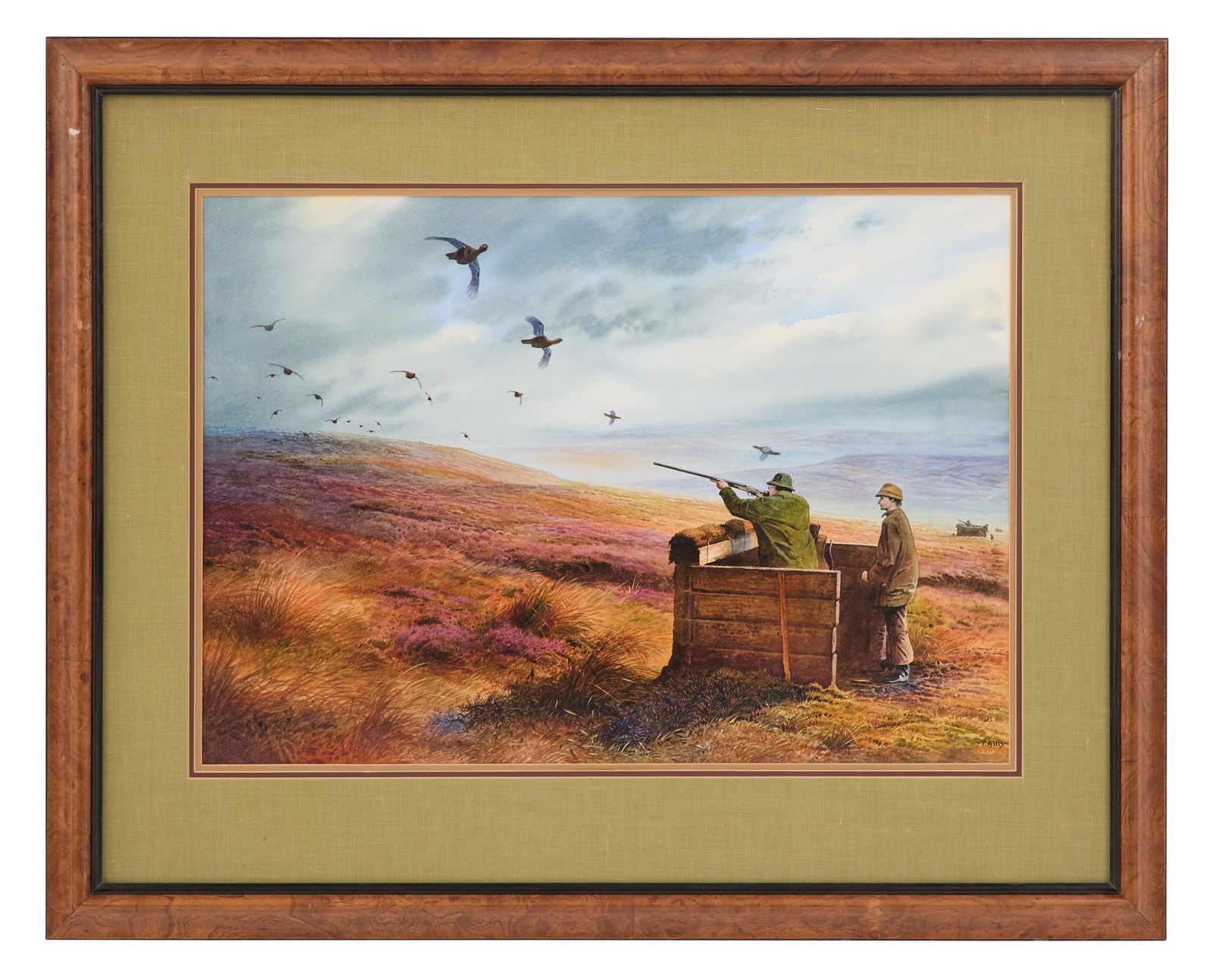 Peter Allis (British, b. 1944): Peter Allis (British, b. 1944) "From the Blind" watercolor on paper signed lower right; verso affixed with an envelope containing a Christmas card from the artist. Matted and framed. sight 20" x 29",