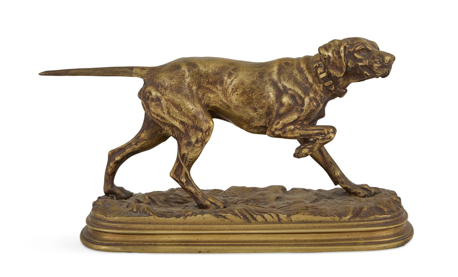 After Alfred Dubucand (French, 1828-1894): After Alfred Dubucand(French, 1828-1894)"Hunting Dog on Point"bronzethird quarter 19th century, the pointer poised at his prey, cast signature on the top of the base, the opposite edge stamped "France