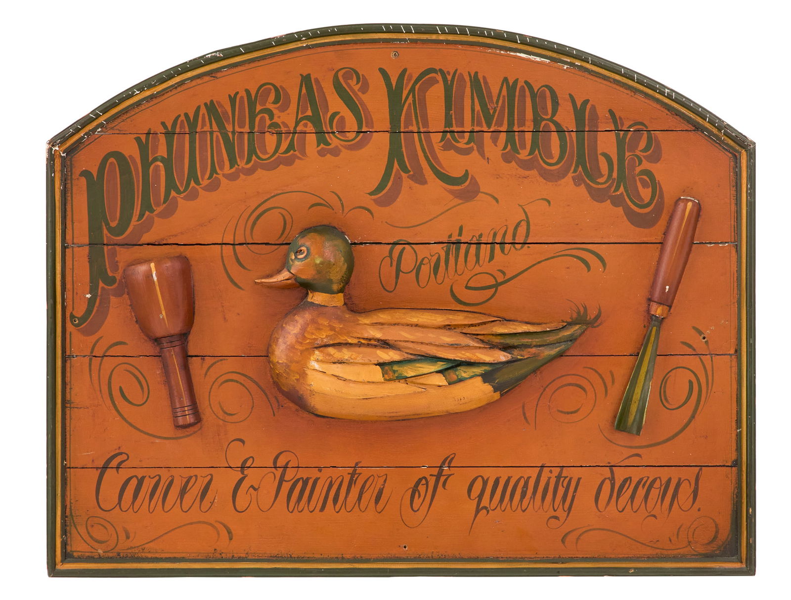 American Painted Wooden Decoy Trade Sign: American Carved and Painted Wooden Decoy Trade Sign 20th century, the sign reading, "Phineas Kimble, Portland, Carver & Painter of quality decoys", with a central bas-relief duck decoy flanked by a