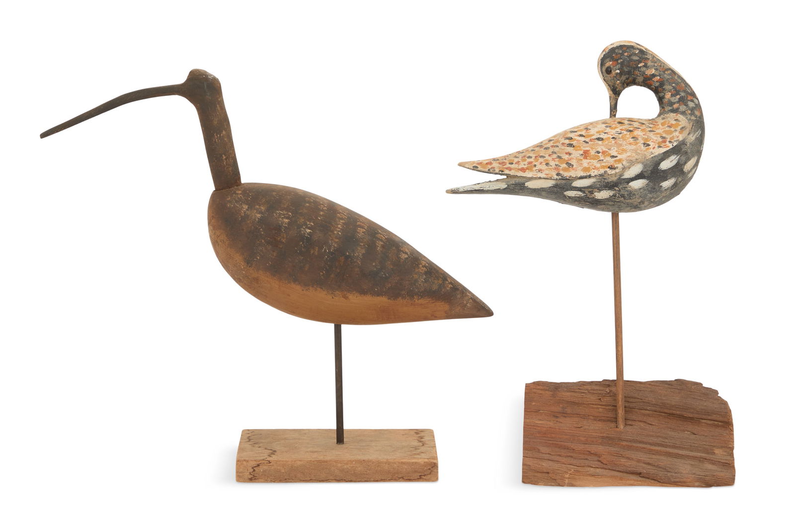 Michael E. Yannelli (USA/Blue Point, NY, b. 1961): Michael E. Yannelli(American/Blue Point, NY, b. 1961)"Long-Billed Shore Bird Decoy" and "Mottled Shorebird Decoy"carved and painted wood with mixed medialatter signed en verso of decoy, and signed and