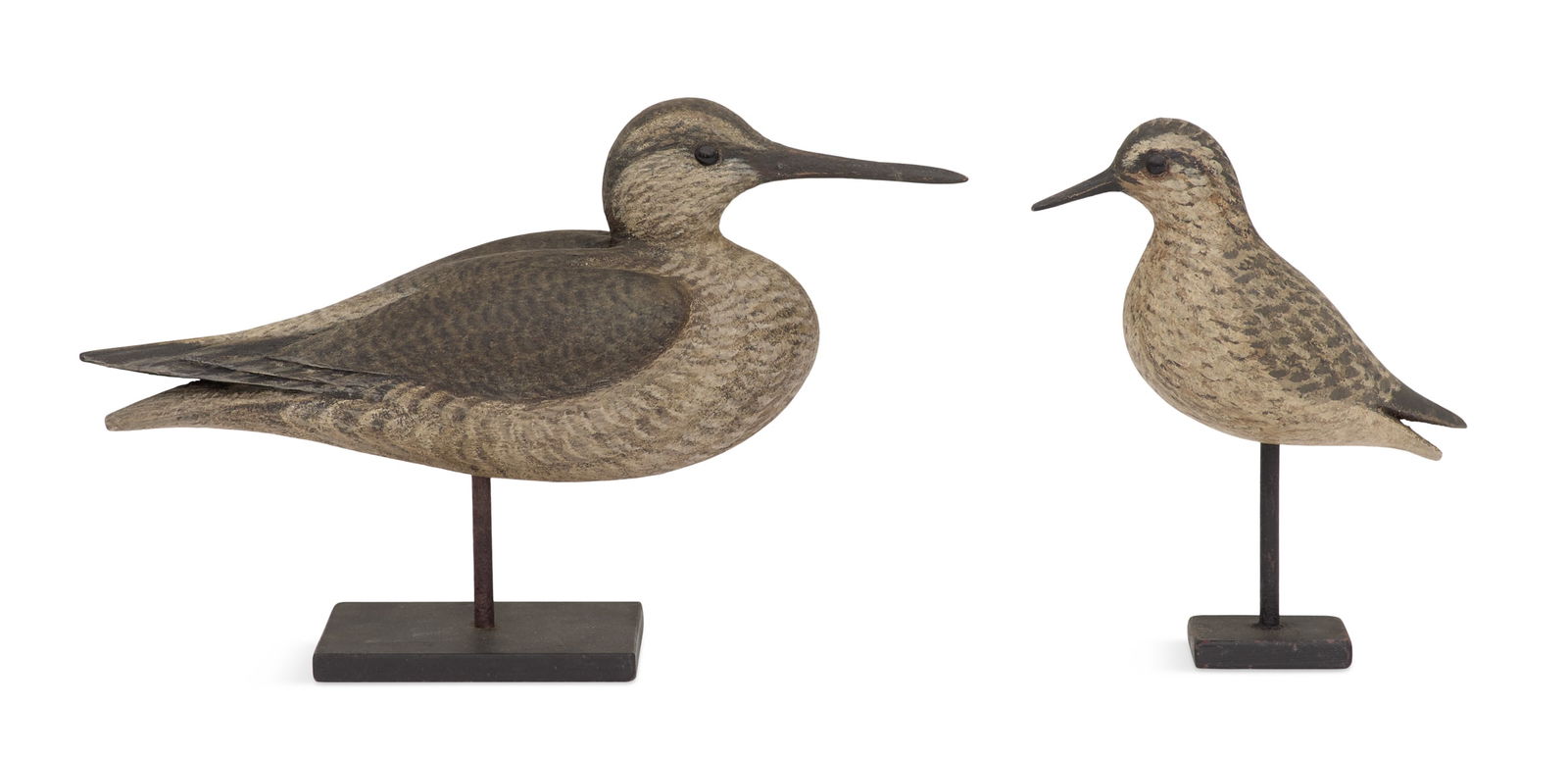 David B. Ward (USA/Connecticut, 1947-2020): David B. Ward(American/Connecticut, 1947-2020)"Yellow Legs Decoy" and "'Peeps' Sandpiper Decoy"carved and painted wood with mixed media on metal standseach initialed "DBW" en verso, and titled en vers