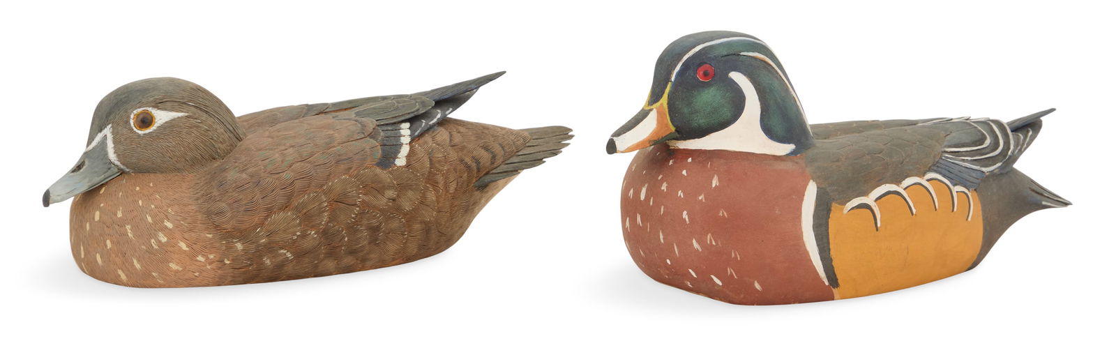 Willard Chauvin, Sr. (USA/Louisiana, 1924-2014): Willard Chauvin, Sr.(American/Raceland, LA, 1924-2014)"Pair of Drake and Hen Mallard Duck Decoys", 1999carved and painted wood with mixed mediaeach pen and incised signature, localized "Raceland" and