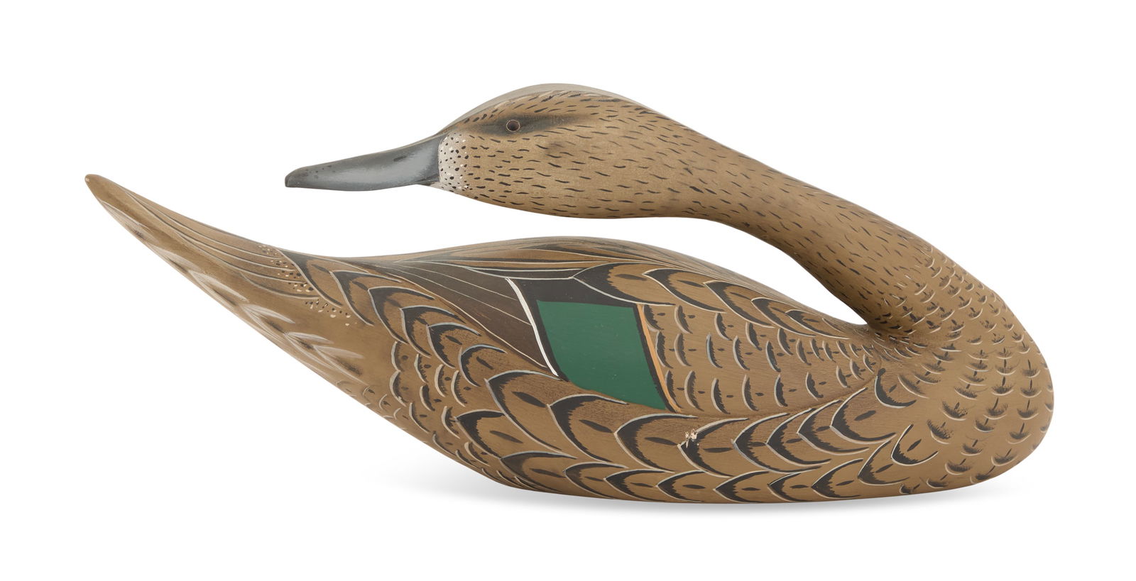 Ricky Buras (USA/Louisiana, Contemporary): Ricky Buras(American/Houma, LA, act. Late 20th/Early 21st Centuries)"Teal Duck with Turned Head Decoy", ca. 2014carved and painted wood with mixed mediasigned and inscribed, "Purchased direct from him