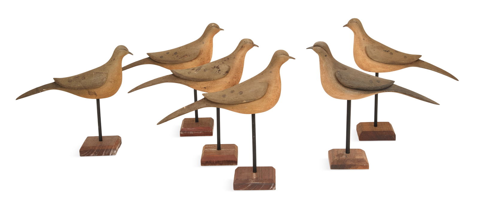 Chris Andrews (USA/Magnolia, TX, contemporary): Chris Andrews(American/Magnolia, TX, act. Late 20th/Early 21st Centuries)Six "Mourning Dove Decoys", 2009carved and painted woodeach initialed "CA" en verso of decoy, and fived signed, dated and local