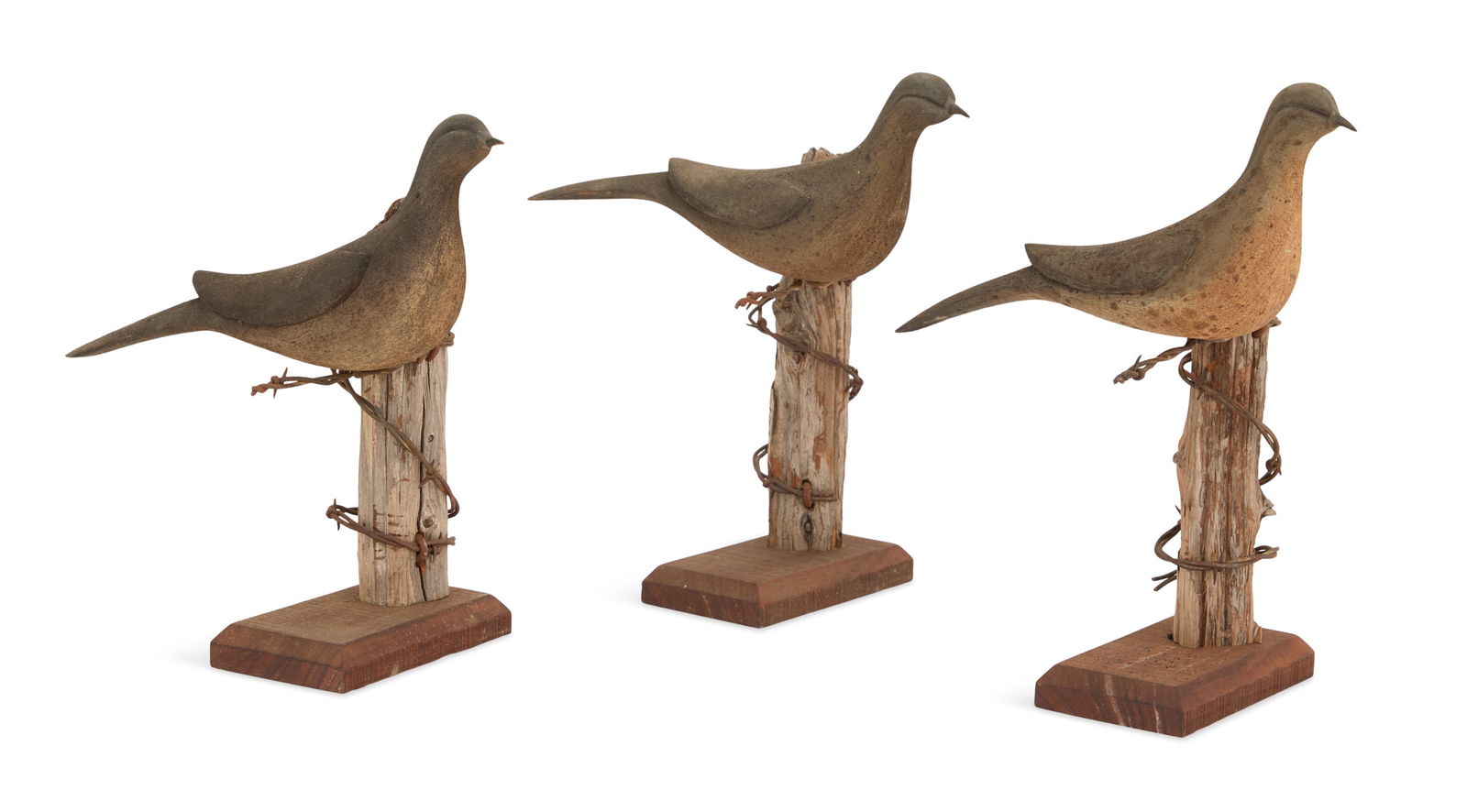 Chris Andrews (USA/Magnolia, TX, contemporary): Chris Andrews(American/Magnolia, TX, act. Late 20th/Early 21st Centuries)"Perched Doves", 2009three carved and painted wood sculptures, salvaged wood and barb wireeach signed, dated and localized "Mag