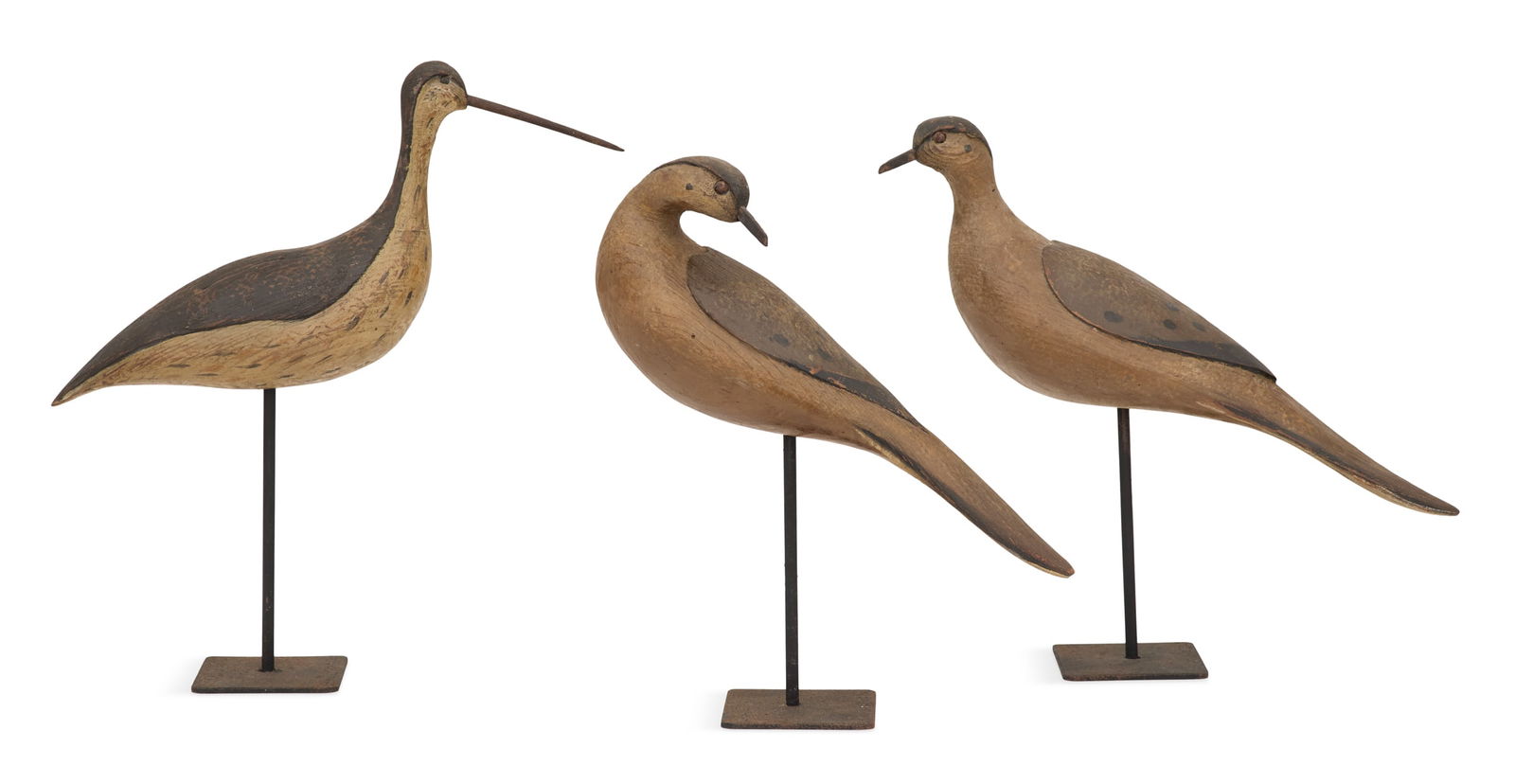 R.D. Wilson (USA/Texas, act. contemporary): R.D. Wilson(American/Texas, act. Late 20th/Early 21st Centuries)"Yellow Legs Decoy" and "Pair of Dove Decoys", 2008carved and painted wood on metal standseach signed, titled and dated en verso of the