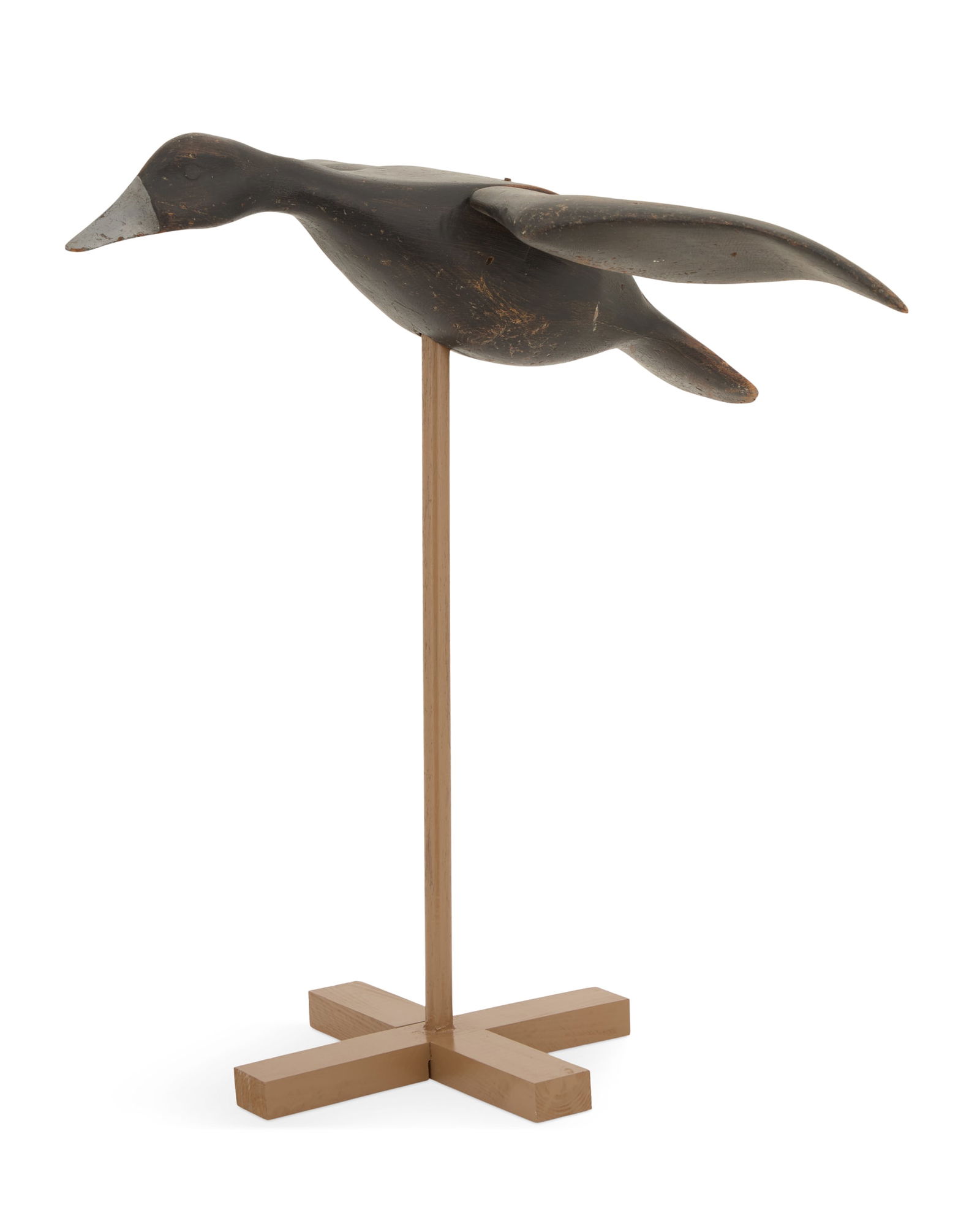 USA Folk Art School (20th Century): American Folk Art School20th Century"Flying Black Goose"carved and painted wood mounted on wood baseunsigned.5" x 28" x 21", h. with mount 22-1/2" Provenance: The Collection of Norbert Deshotels, Lafa