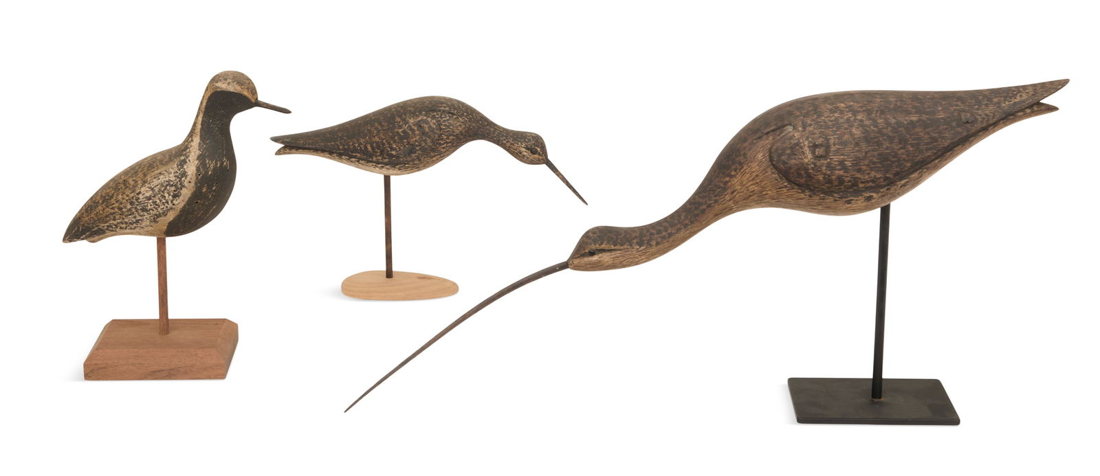 Nathaniel Kirby (USA/New Jersey, b. 1973): Nathaniel Kirby(American/Little Egg Harbor, NJ, b. 1973)"Moss Black-Bellied Plover", 2008, "Long Island Yellowlegs", 2007, and "Shorebird"carved and painted wood on standstwo signed, titled and dated,