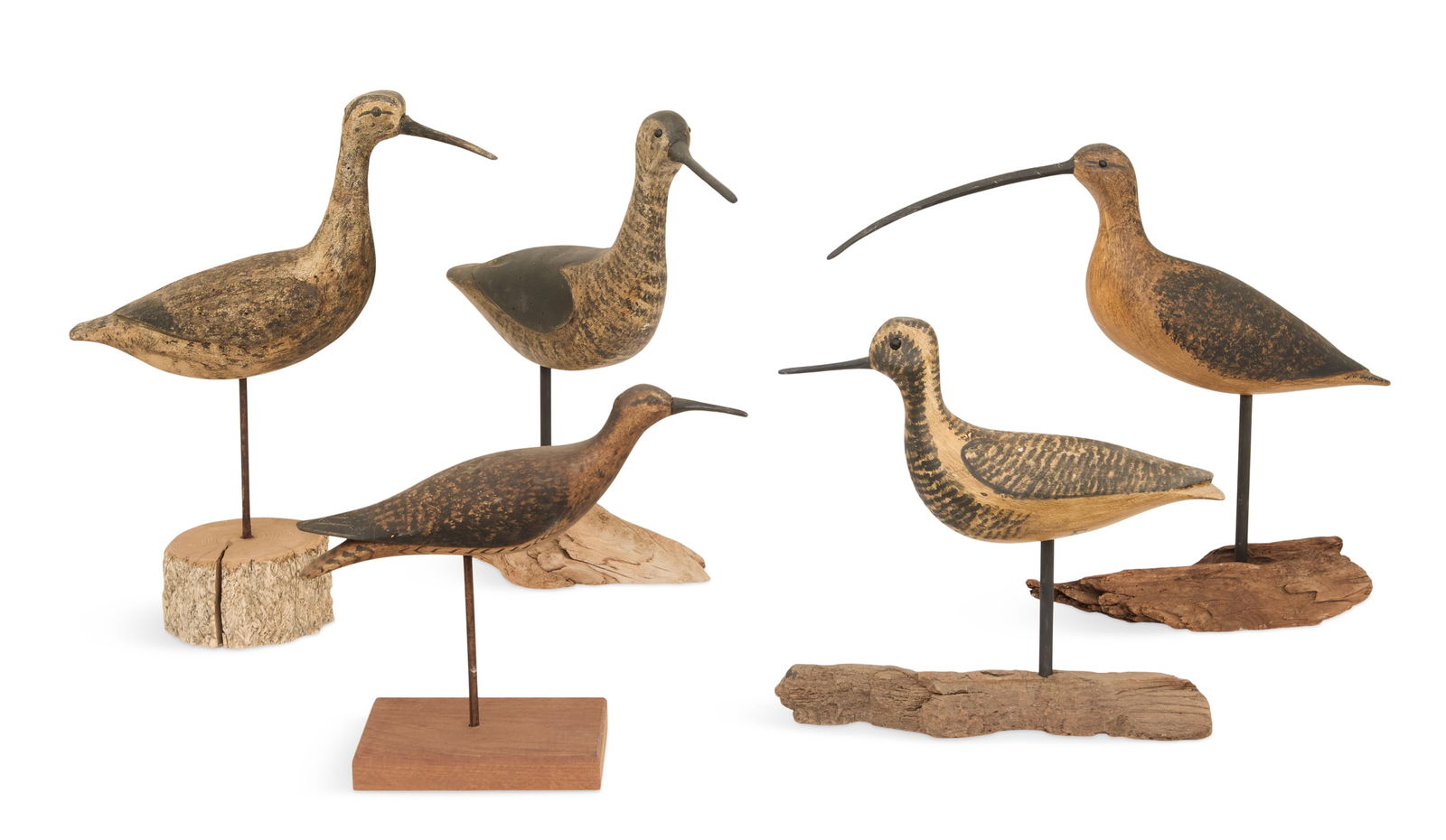 Ken Kirby (USA/Little Egg Harbor, NJ, b. 1946): Ken Kirby(American/Little Egg Harbor, NJ, b. 1946)"Five Shore Bird Decoys", 2007-2008carved, painted, and mixed media on various metal and wood standseach signed, two embossed signatures, and two date