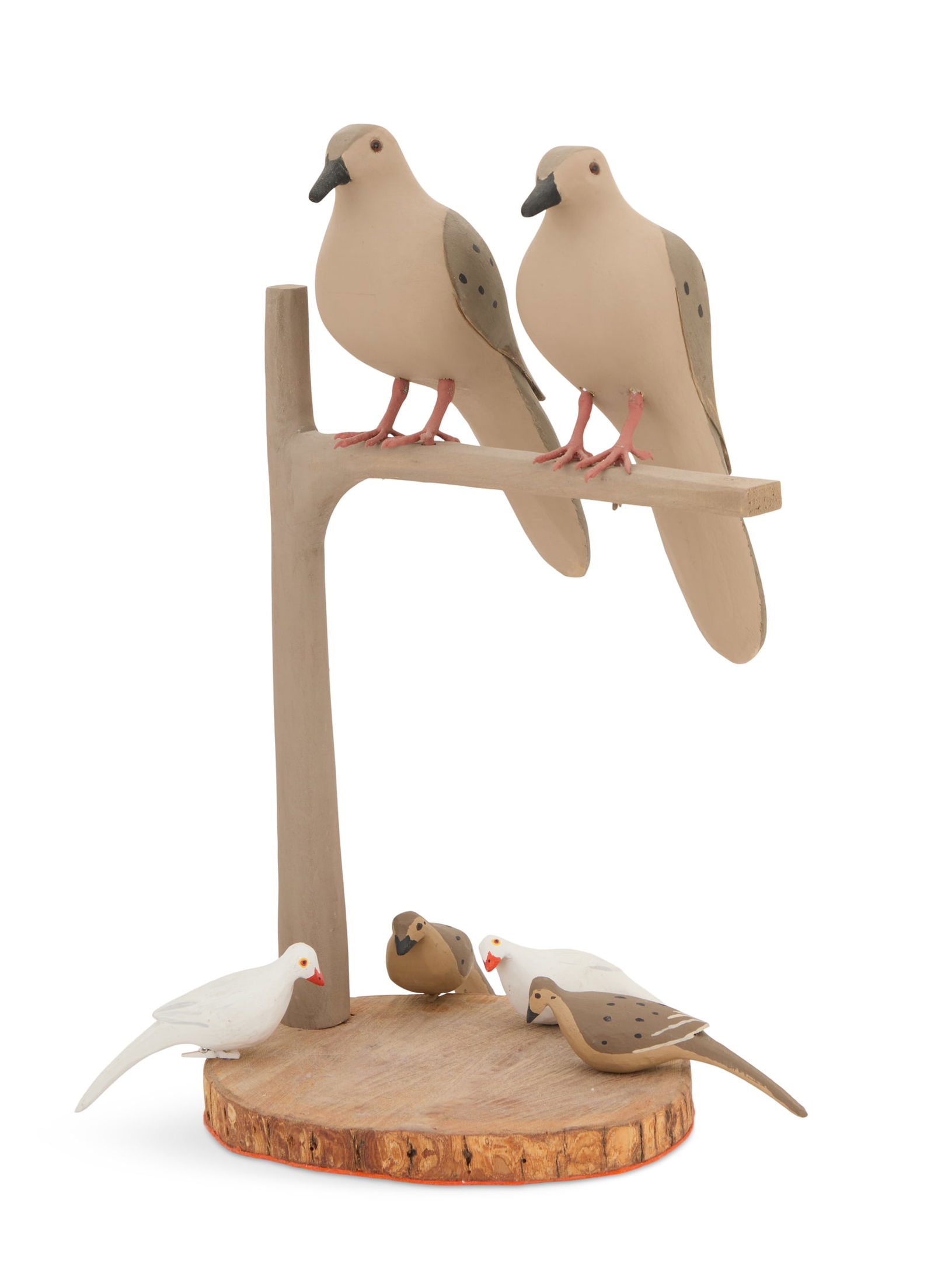 Octave Monnier (USA/Raceland, LA, 1921-2000): Octave Monnier(American/Raceland, LA, 1921-2000)"Two Doves Perched on Branch and Four Miniature Doves"carved and painted wood decoys on wood basethree miniatures signed en verso.17" x 10-1/4" and each