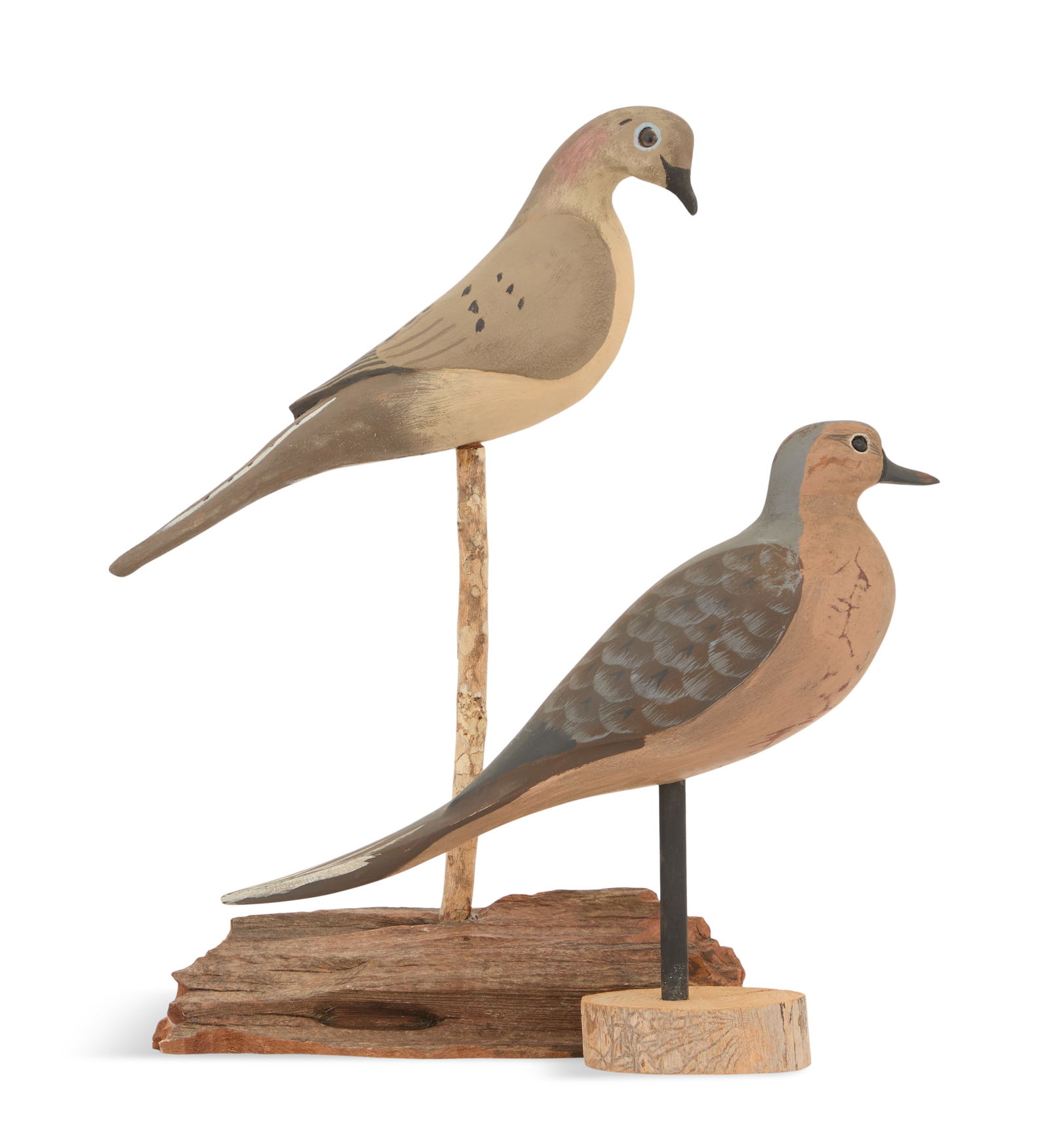 Andrew Tom Beary (USA/Louisiana, contemporary): Andrew Tom Beary(American/Thibodaux, LA, act. Mid-20th/Early 21st Centuries)"Mourning Dove Decoys", 2013two painted and carved wood with mixed mediaone initialed "ATB" and dated en verso of decoy, and