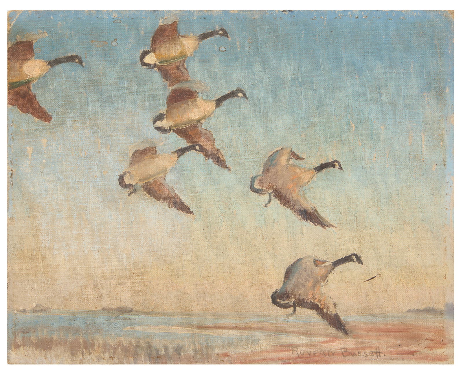 Reveau Mott Bassett (USA/Texas, 1897-1981): Reveau Mott Bassett(American/Texas, 1897-1981)"Canada Geese in Flight"oil on canvas boardpencil-signed lower right, with a "Joseph Sartor Galleries, Dallas, Texas" label with artist signature and titl