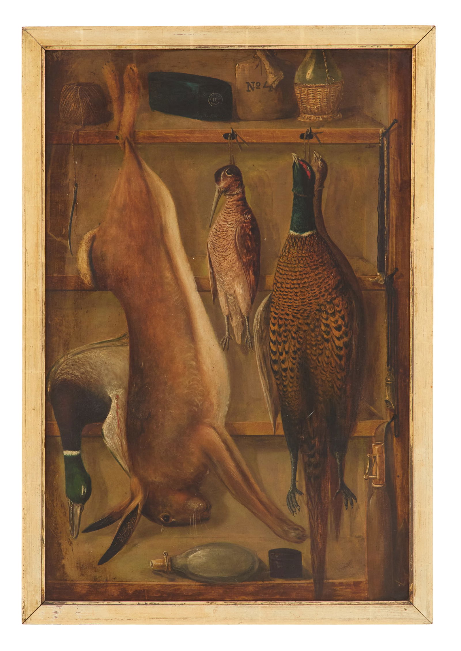 USA School (20th Century): American School20th Century"Nature Morte: Mallard Duck, Rabbit, Curlew and Pheasants in Interior Setting"oil on canvasillegibly signed lower left.Framed.36" x 24", framed 38-1/2" x 26-1/2" Proven
