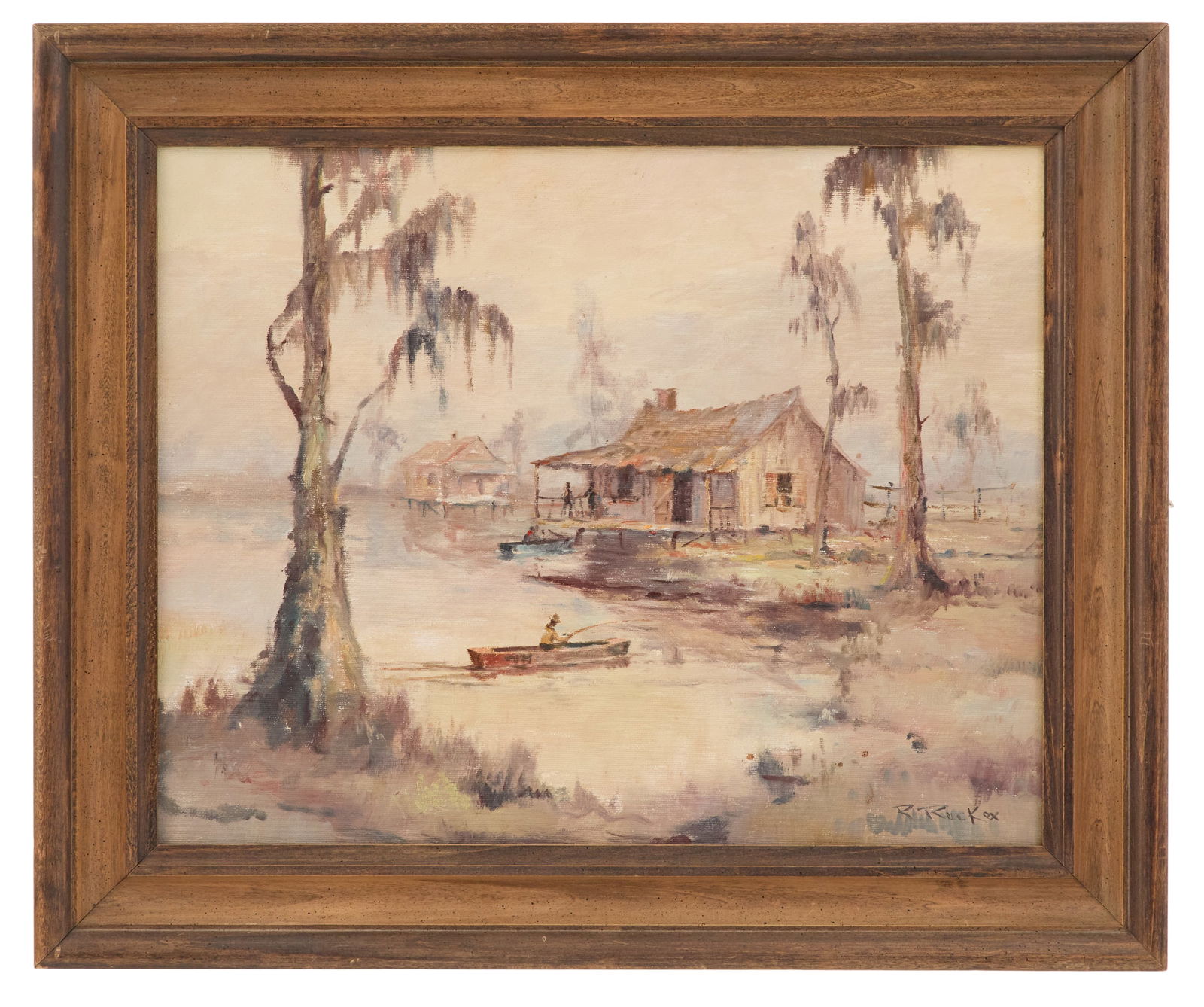 Robert M. Rucker (USA/Louisiana, 1932-2001): Robert M. Rucker(American/Louisiana, 1932-2001)"Fishermen's Cabins in the Louisiana Bayou"oil on canvassigned lower right.Framed.sight 16" x 20", framed 21" x 25" Provenance: The Estate of Stella
