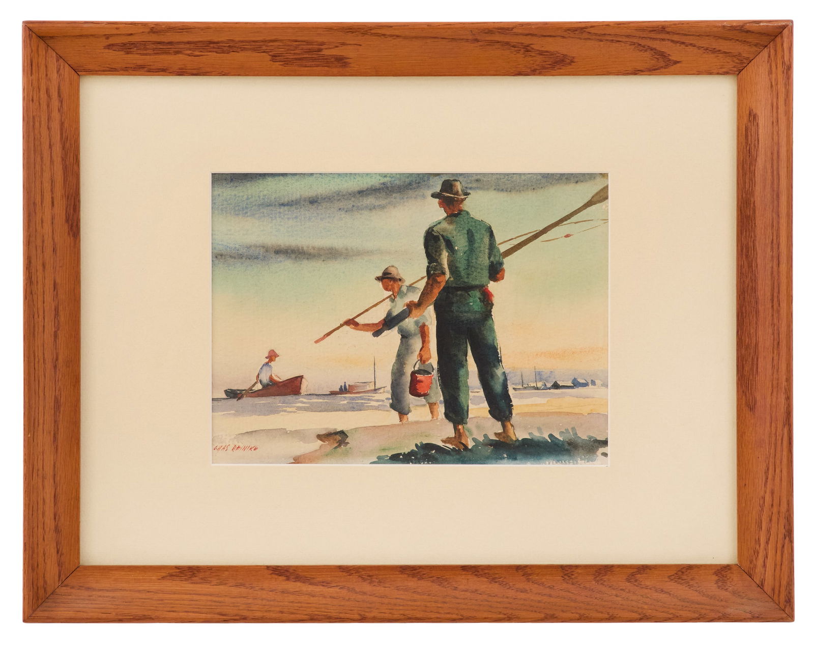 Charles Henry Reinike (USA/Louisiana, 1906-1983): Charles Henry Reinike(American/Louisiana, 1906-1983)"Fishermen"watercolor on papersigned lower left.Matted and framed.sight 7" x 9-1/2", framed 14" x 18"