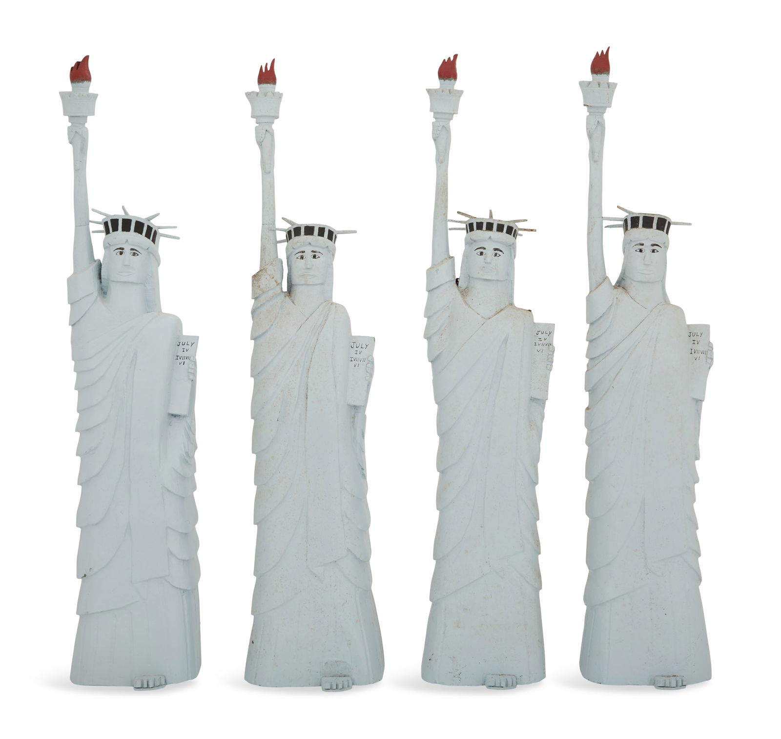 Ivy Billiot (Louisiana/U.H.N., b. 1945): Ivy Billiot(Louisiana/United Houma Nation, b. 1945)"Statue of Liberty, July IV, IV, IIV, IIVI", 2008four carved and painted wood sculptureseach signed and dated on back.each 32" x 6" x 4" Provenance: