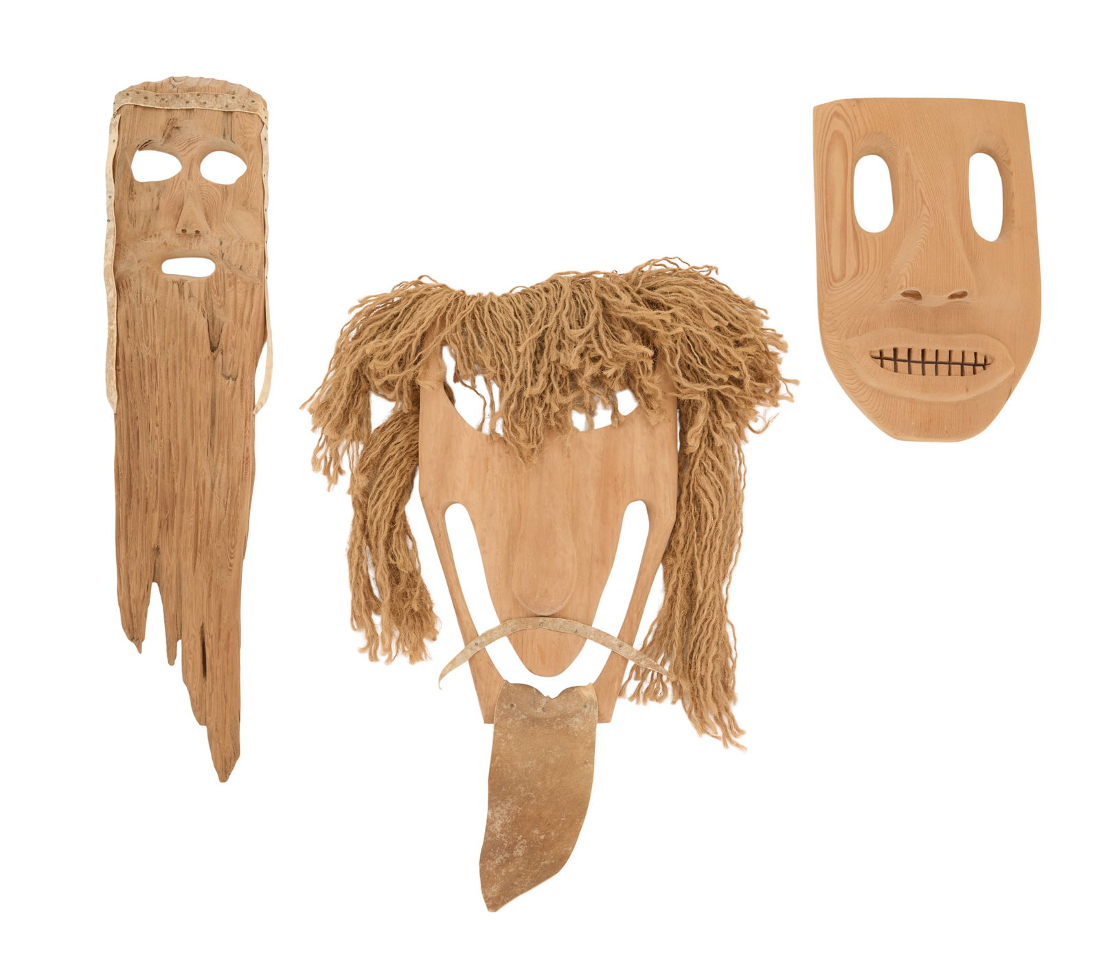 Rita Stelly Fontenot (USA/Louisiana, 1946-2003): Rita Stelly Fontenot(American/Louisiana, 1946-2003)"Bearded Old Man Mask", "Devil Mask", and "Smiling Mask", ca. 1999two reclaimed cypress and one conifer woods with mixed mediatwo signed and one date