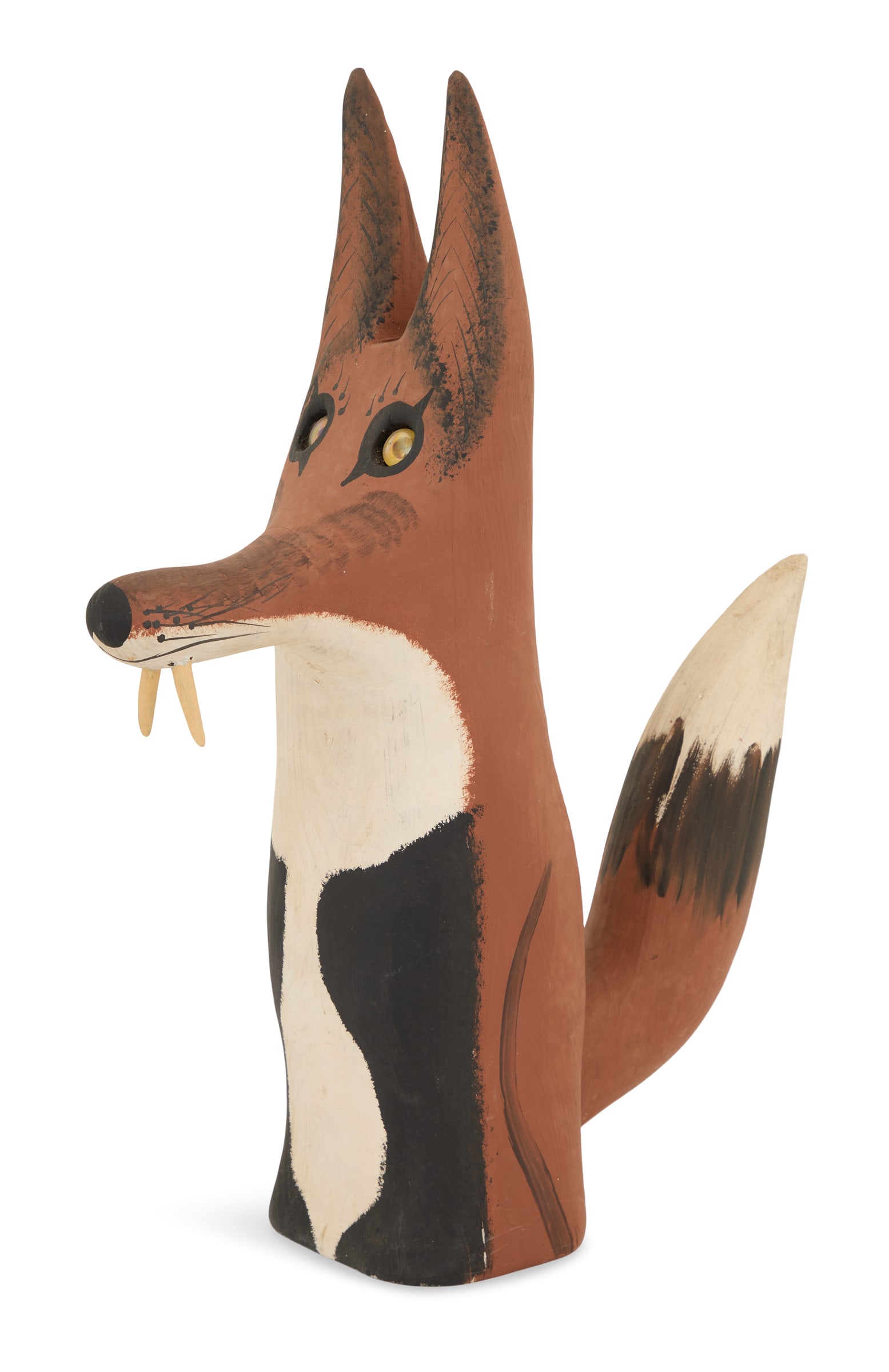 Captain V. Bryant (USA/Maryland, contemporary): Captain Vernon Bryant(American/Maryland, Late 20th Century)"Fox"carved and painted wood sculpturewith metal artist plaque en verso.23" x 16" Provenance: The Collection of Norbert Deshotels, Lafayette,