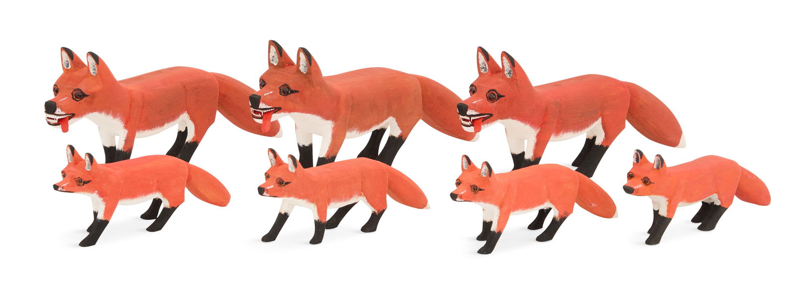 Ivy Billiot (Louisiana/U.H.N., b. 1945): Ivy Billiot(Louisiana/United Houma Nation, b. 1945)"Skulk of Red Foxes (Three Adults and Four Pups)", 2008carved and painted wood and mixed mediaeach signed and dated on belly.6" x 14" x 2-1/2" and 3-