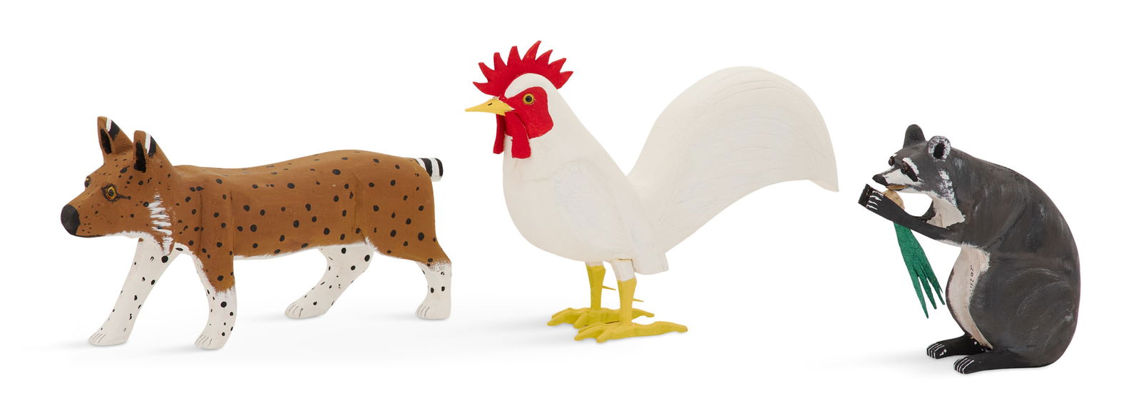 Ivy Billiot (Louisiana/U.H.N., b. 1945): Ivy Billiot(Louisiana/United Houma Nation, b. 1945)"Rooster", "Racoon", and "Bobcat", 2007three carved and painted wood sculptureseach signed and dated en verso.6-1/2" x 9" x 2", 5" x 4-1/2" x 2", and