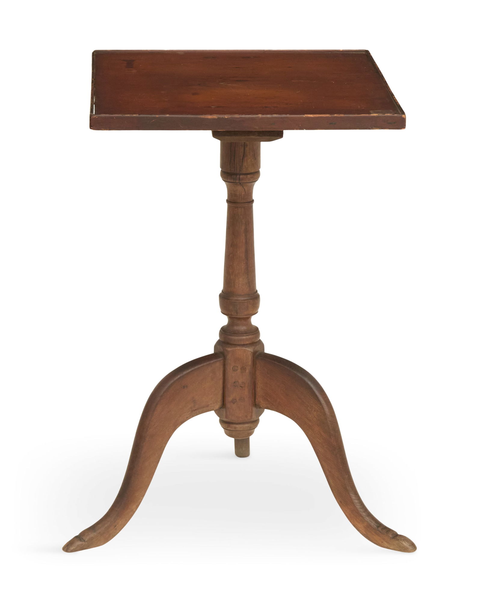 New England Tray-Top Candlestand: New England Tray-Top Candlestandca. 1800, possibly Connecticut River Valley, the pine and cherry stand with a turned standard emanating from a faceted plinth set with Queen Anne legs and a turned lowe