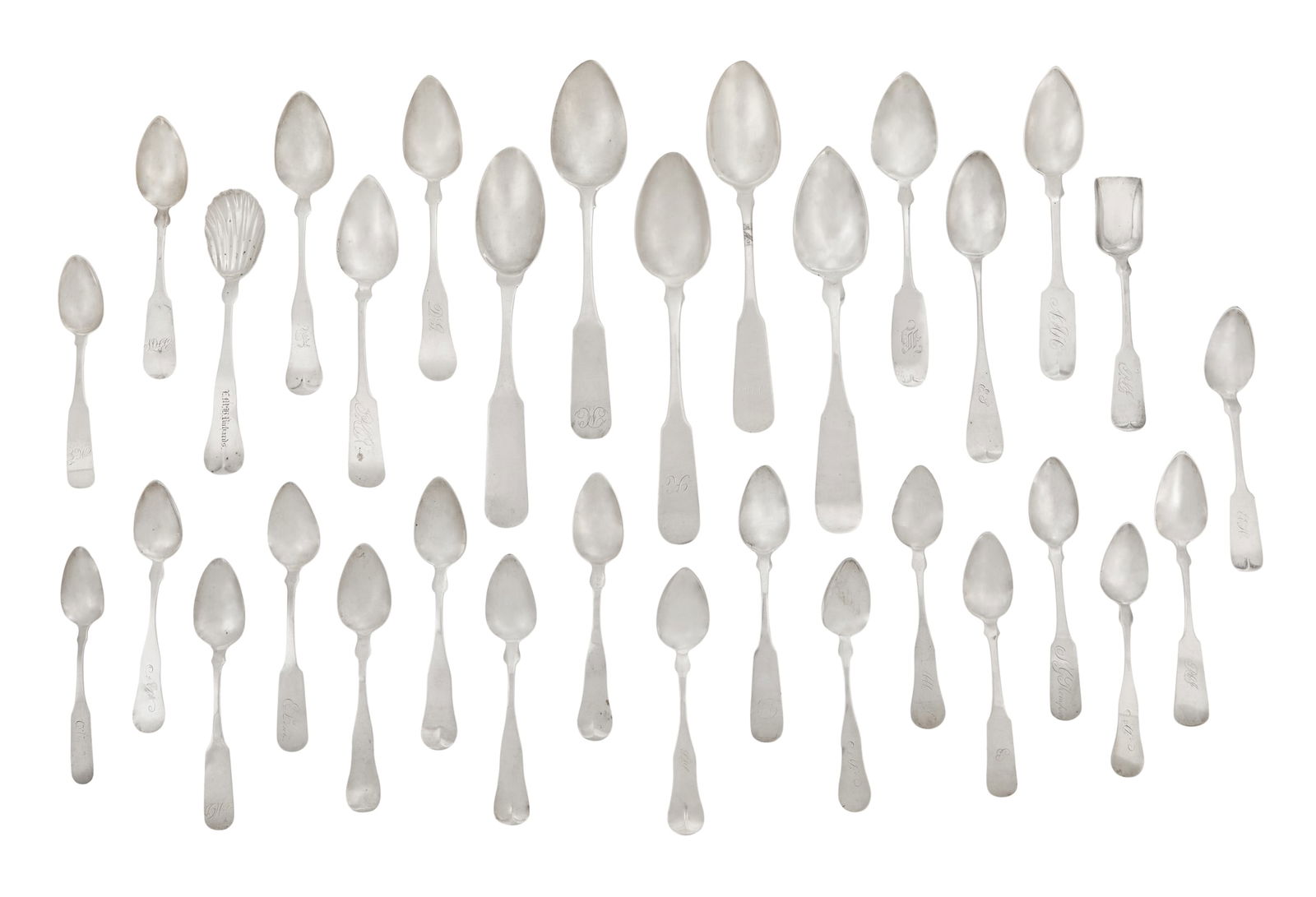 New England Coin Silver Spoons: Large Collection of New England Coin Silver Spoons19th century, including examples from Massachusetts (Boston, Haverhills, Hingham, Newburyport and Worcester), Connecticut (Bridgeport, Hartford and To