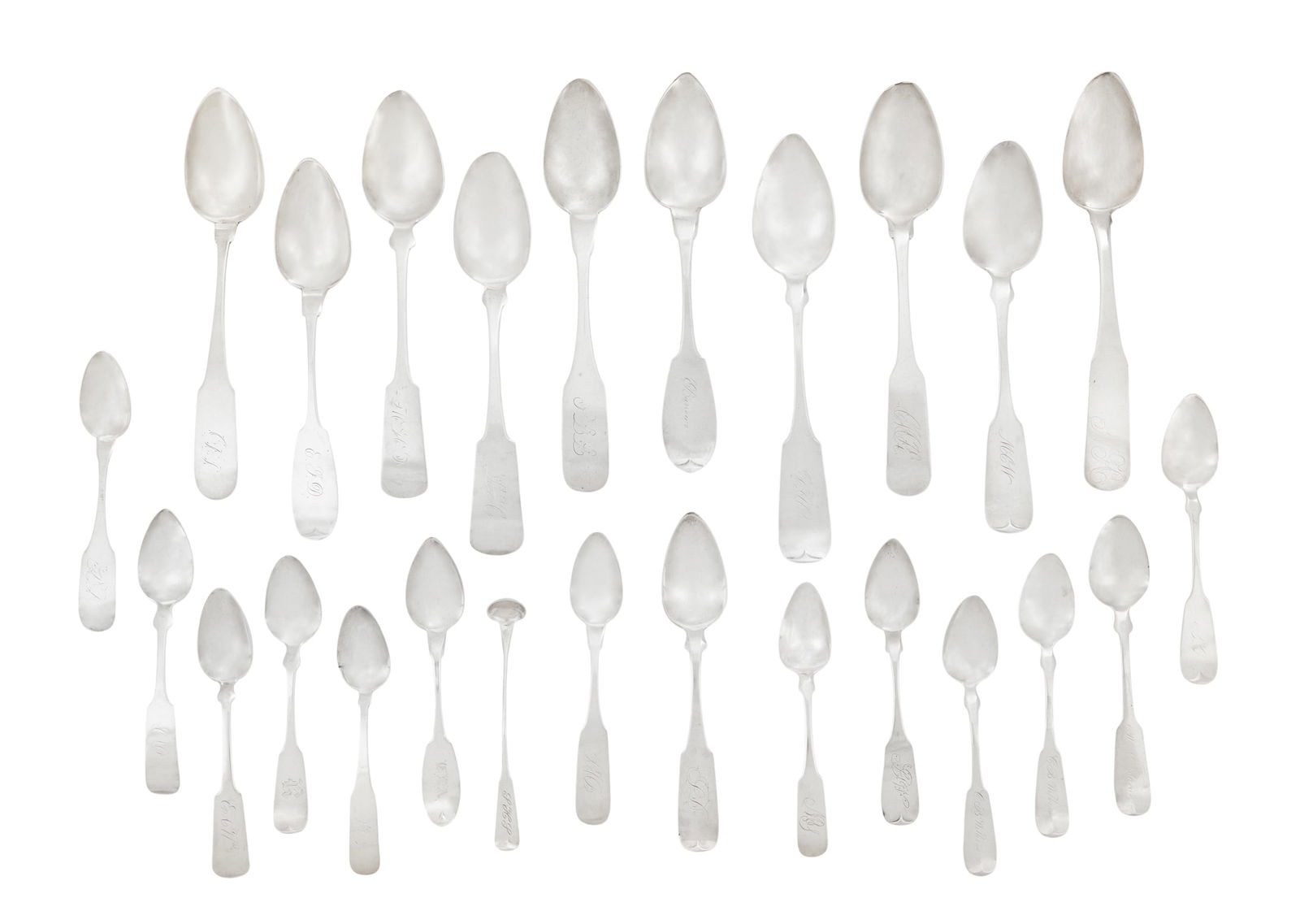 19th-Century New York State Coin Silver Spoons: Collection of 19th-Century New York State Coin Silver Spoonsincluding examples from Adams, Catskill, Cuba, East Hampton, Geneva, Ithaca, Lockport, Madison, Newburgh, Owego, Rochester, Sag Harbor, Sher