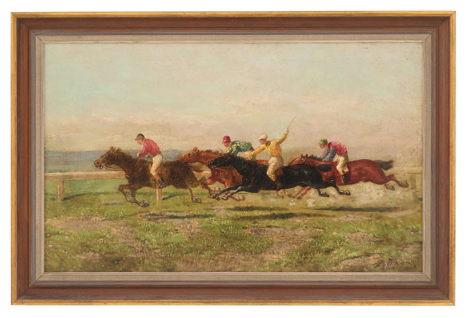 British School (Early 20th Century): British SchoolEarly 20th Century"To the Finish"oil on canvassigned "J. Elliot" lower right.Framed.16-1/2" x 27", framed 20-1/2" x 30-1/2" Provenance: The Collection of Deborah & Eli Tullis, New O