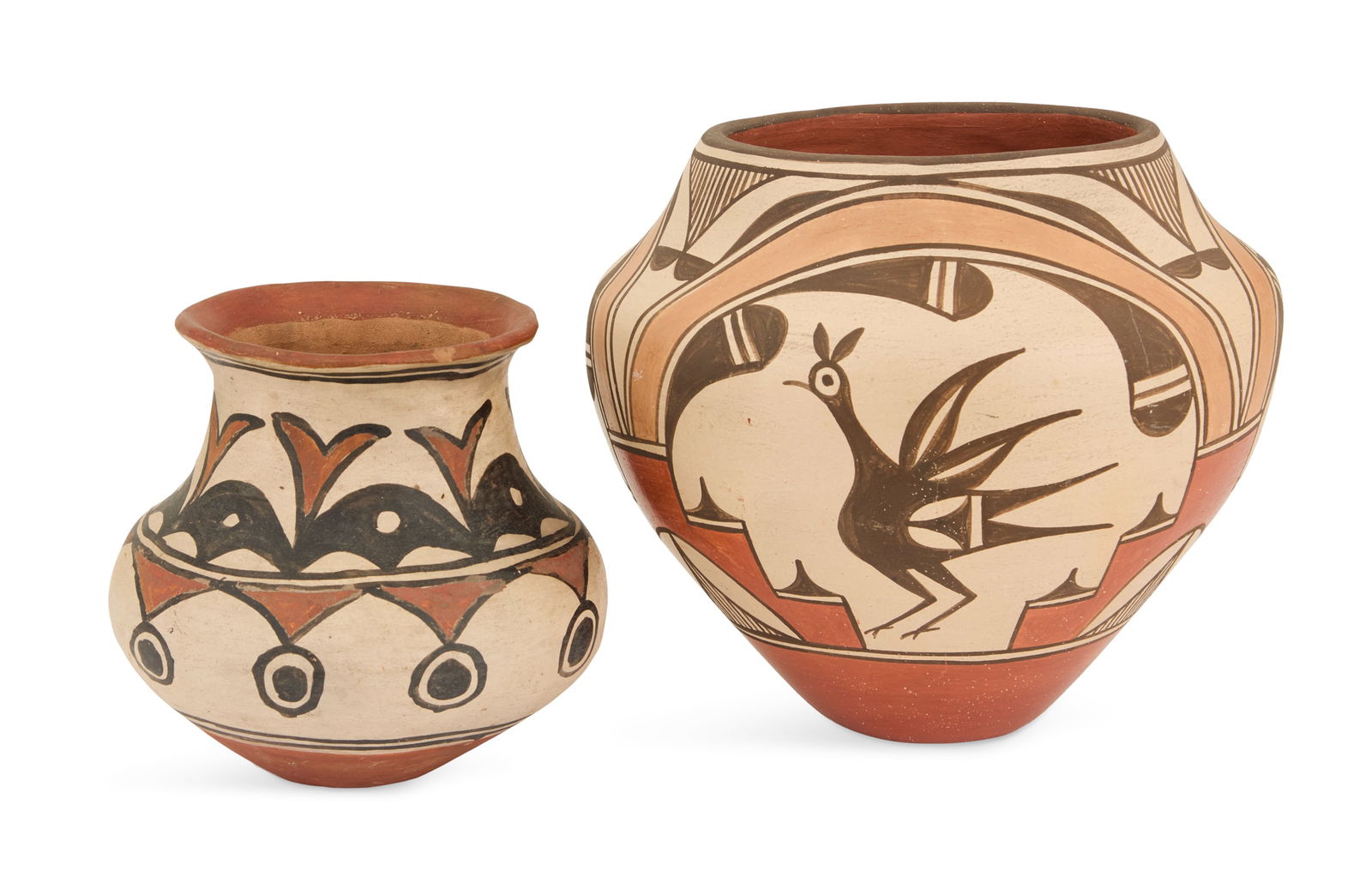Two Large Zia Pottery Ollas: Two Large Zia Pottery Ollasincluding:Sofia Pino Medina (1932-2010), red clay with large black slip roadrunners within black, tan and red slip geometric decoration, signed in black slip underside "Sofi