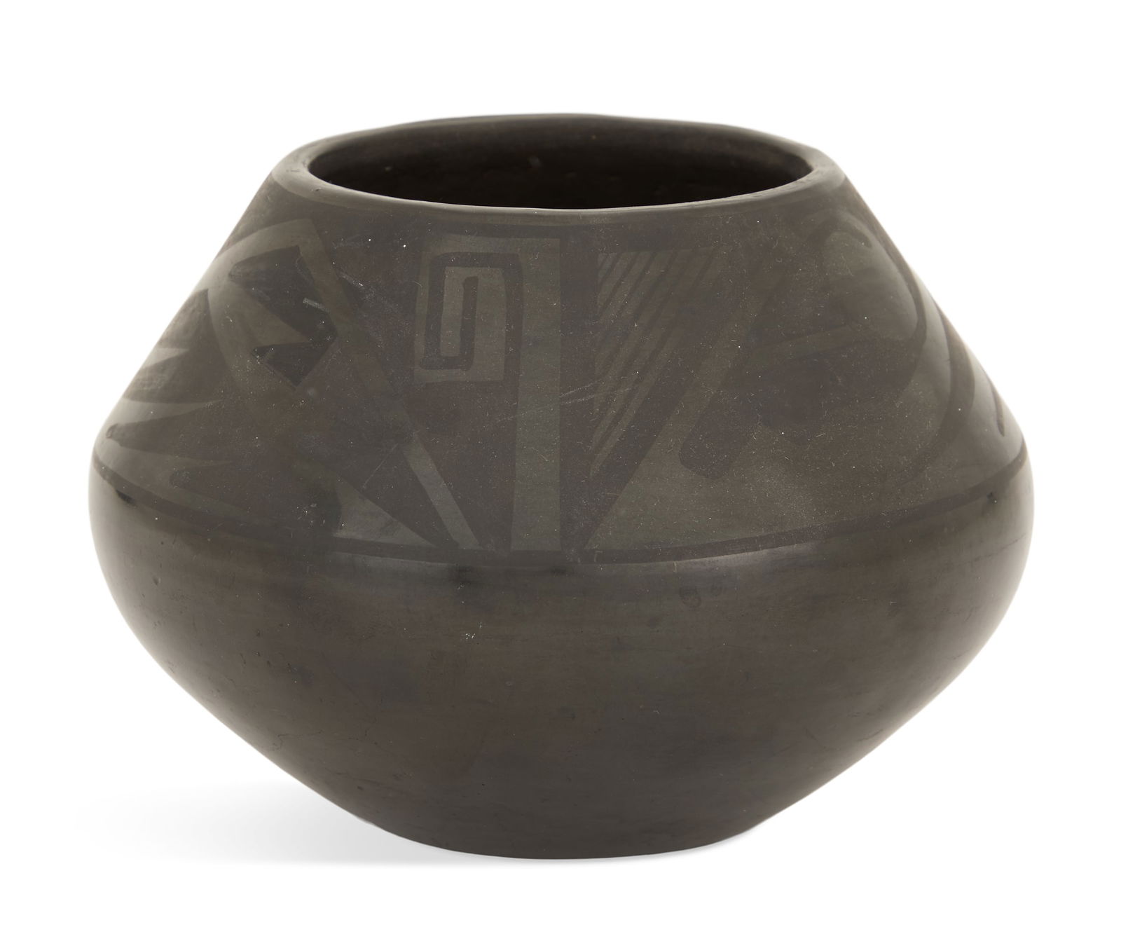 Maria Poveka and Julian Martinez: Maria Poveka Martinez (1887-1980) and Julian Martinez (1879-1943)San Ildefonso Pueblo Black-on-Black Pottery Olla, second quarter 20th century, of traditional form, with black slip banded decoration o