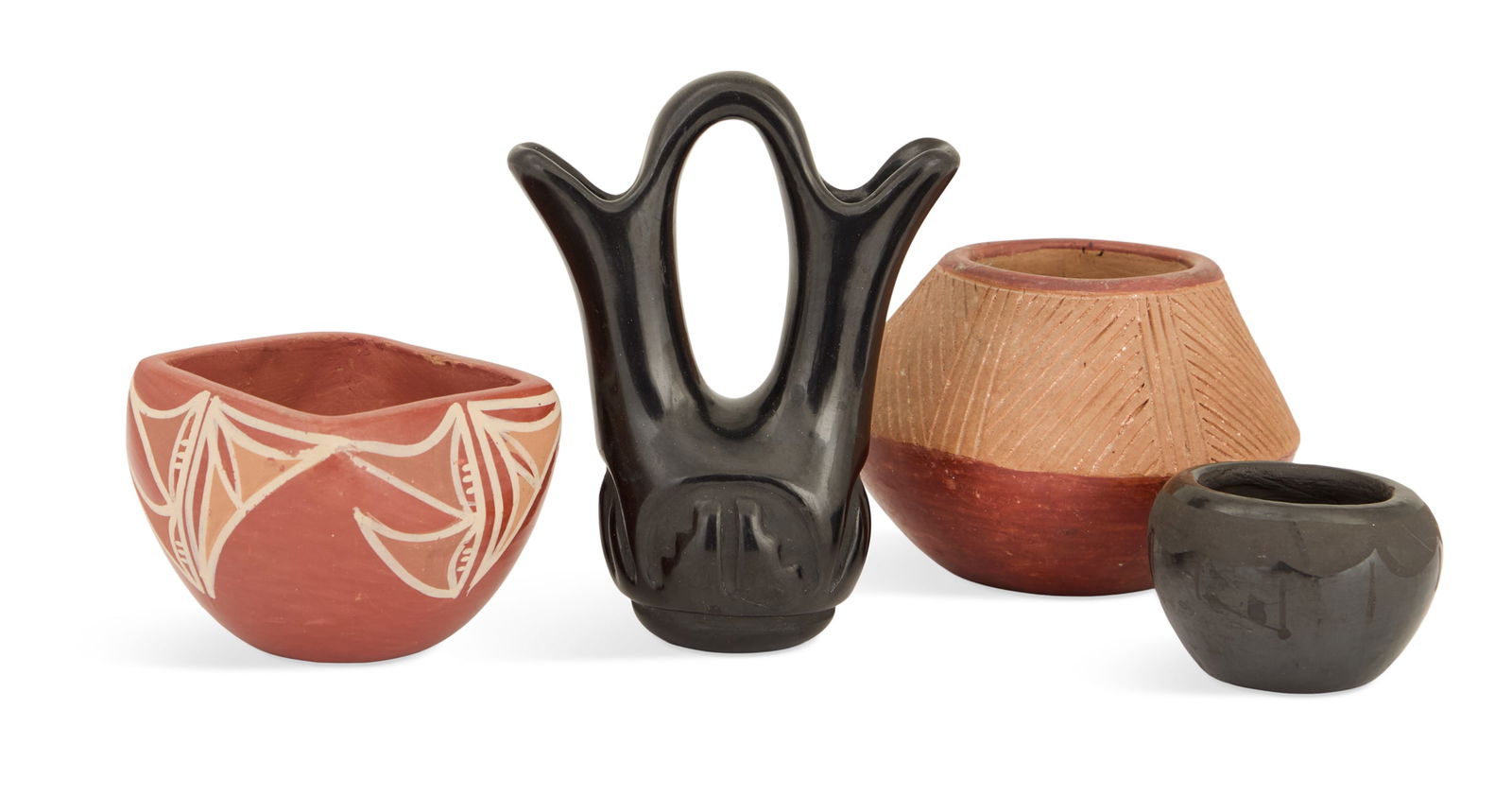 Four Pieces of Tewa Pueblos Pottery: Four Pieces of Tewa Pueblos Potteryincluding:a San Ildefonso squared olla, burnished red clay with white and red slip rain and moon banding, h. 2-1/2", w. 3-1/2";a Legoria Tafoya (Santa Clara, 1911-19