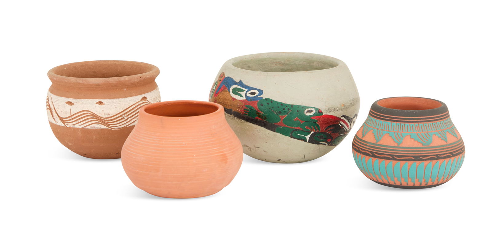 Four Native American Pottery Ollas: Four Native American Pottery Ollasincluding:a Southwest example, probably San Juan, brown clay with white slip and sgrafitto wave banding, h. 3", dia. 4";a Southwest example, red clay with glazed inte