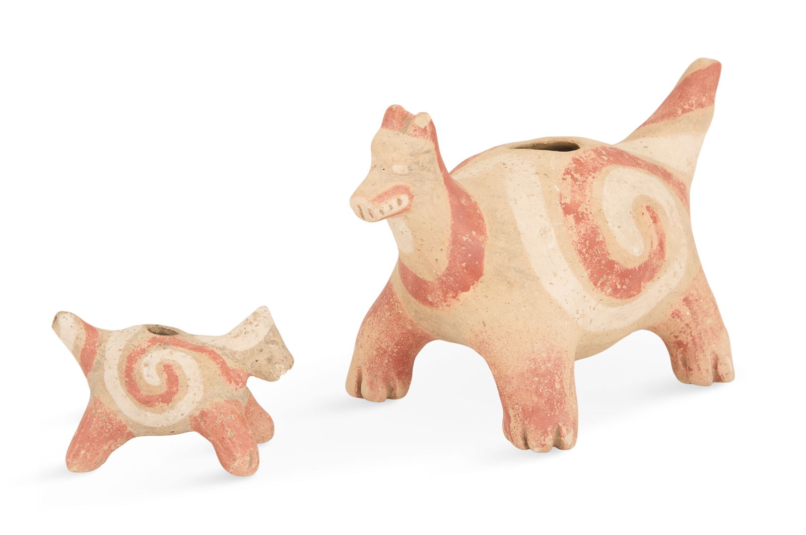 Two Quapaw-Style Animal Vessels: Two Quapaw-Style Animal Vesselseach in the form of a Mississippian-culture underwater panther, tan clay with red and white swirling water decoration.h. 5", l. 8-1/4" and h. 2", l. 3-1/2" Provenance: T