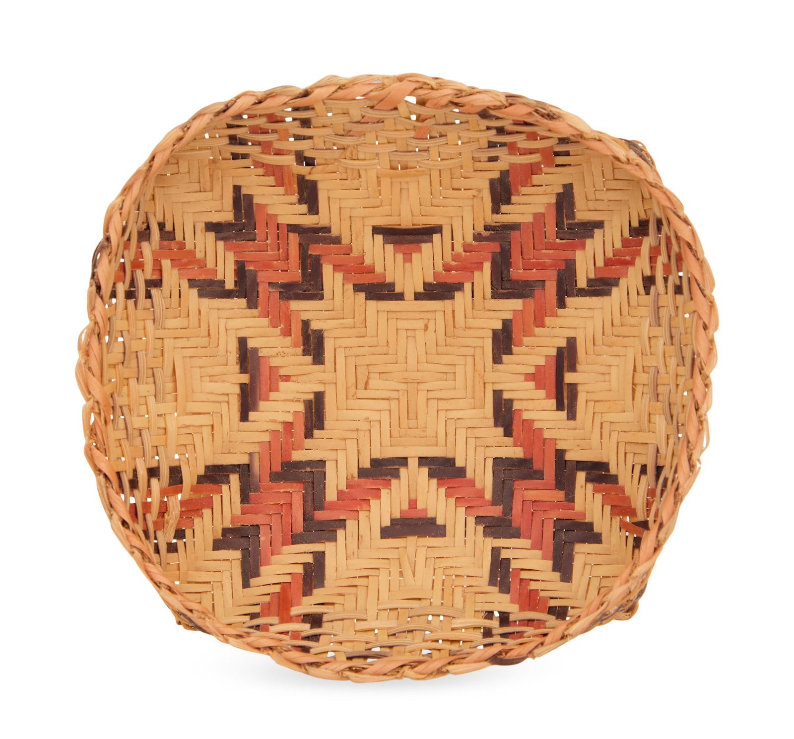 Rare Miniature Chitimacha Basket: Rare Miniature Chitimacha Basket 20th century, Louisiana, the river cane basket with a double rim, in orange and brown woven geometric patterns. h. 1-1/4", w. 4", d. 4" Provenance: The Collection