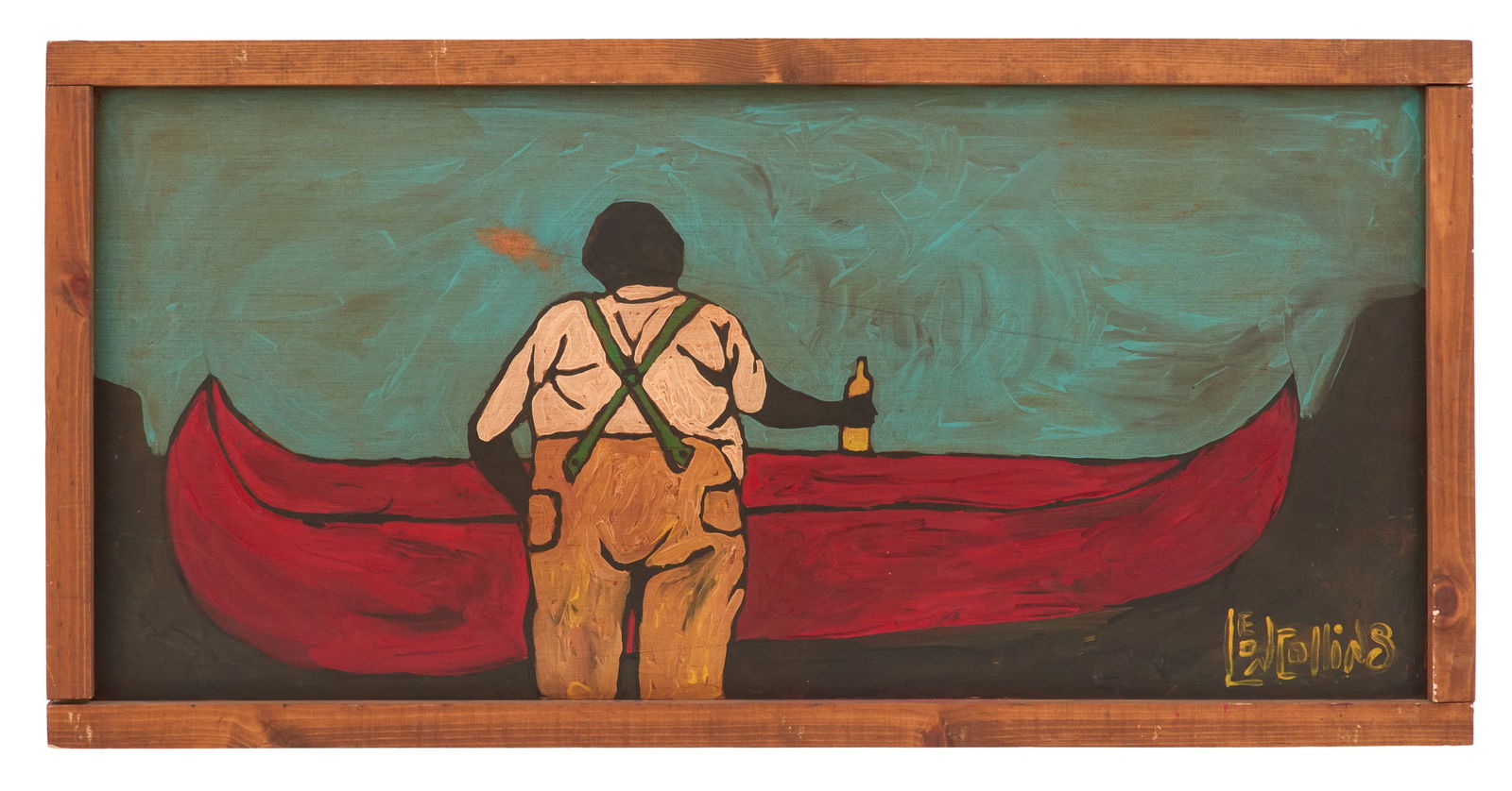 Leon Collins (USA/Texas, b. 1930): Leon Collins(American/Texas, b. 1930)"Man and His Boat"acrylic on wood panelsigned lower right.In an integral frame.24" x 48" Provenance: The Collection of Norbert Deshotels, Lafayette, Louisiana