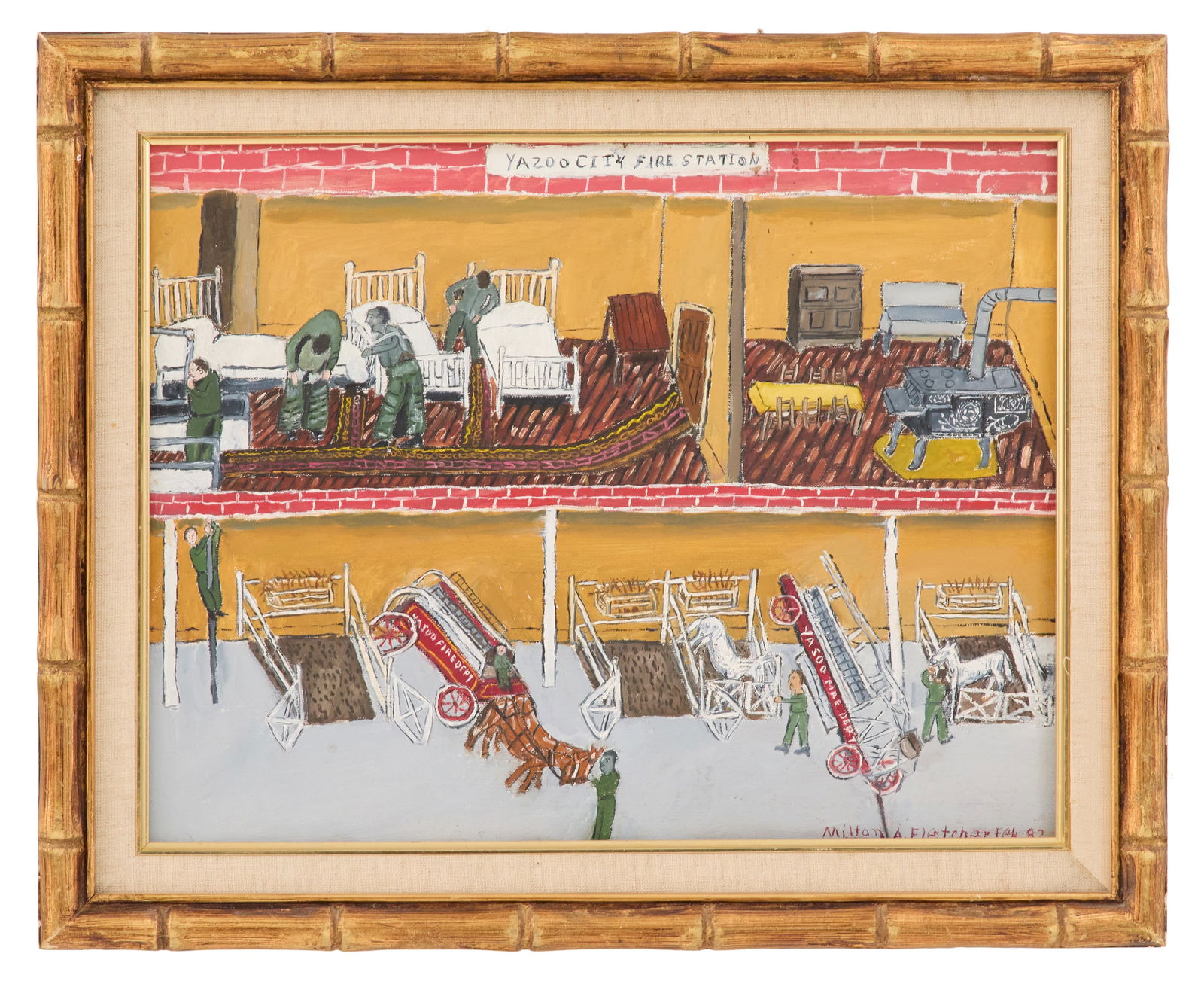 Milton A. Fletcher (USA/Louisiana, 1906-1992): Milton A. Fletcher(American/Louisiana, 1906-1992)"Yazoo City Fire Station", 1982oil on canvassigned and dated lower right and signed and inscribed en verso.Framed.14" x 18", framed 17-3/4" x 21-3/4"