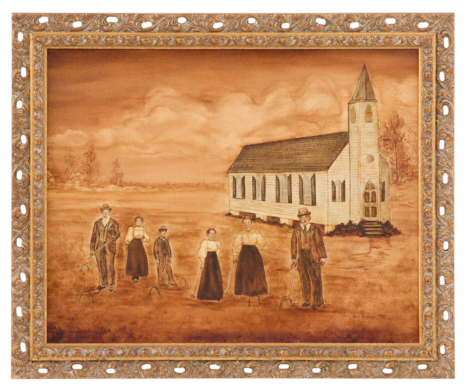 Lacy T. Leger (USA/Lafayette, LA, 1929-2020): Lacy T. Leger(American/Lafayette, LA, 1929-2020)"Sunday Family Croquet Game, ca. 1900", 1986oil on canvassigned and dated lower right.Framed.16" x 20", framed 19-1/2" x 23" Provenance: The Collec